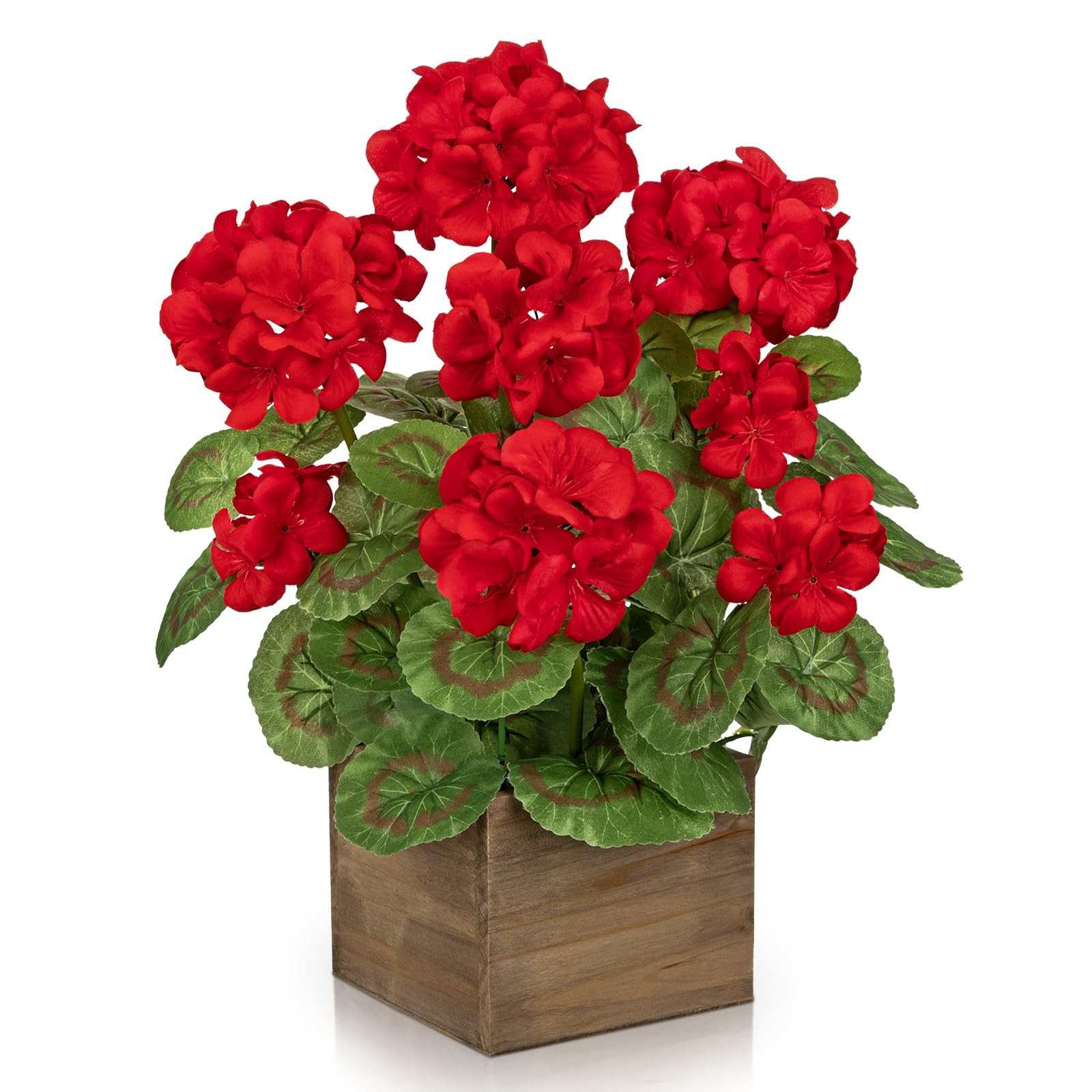 Artificial Geraniums Flowers in Square Wooden , Faux Red Silk Geranium Potted…