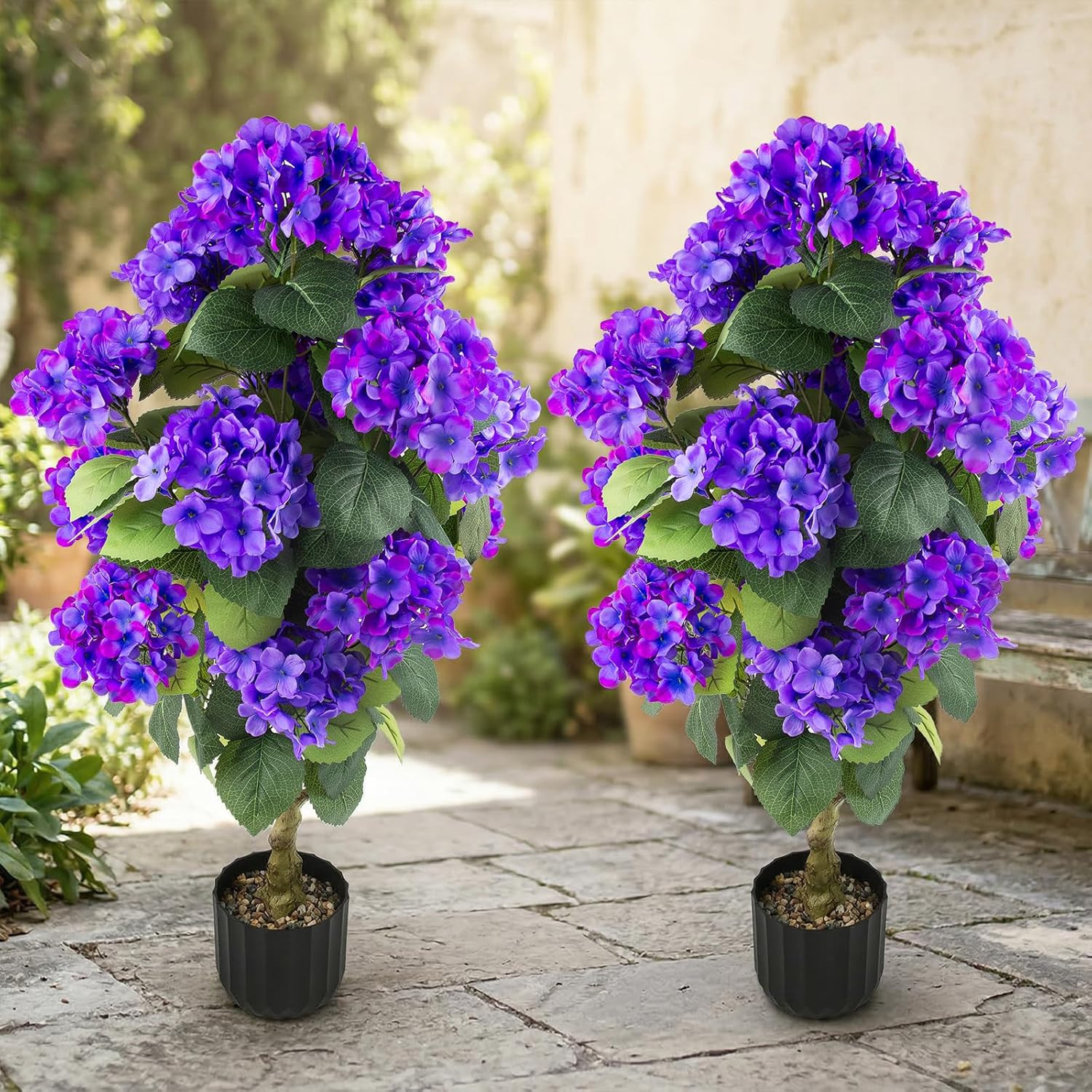 2 Pcs 3 Ft Artificial Hydrangea Trees Potted, UV Resistant Faux Silk Hydrangea P