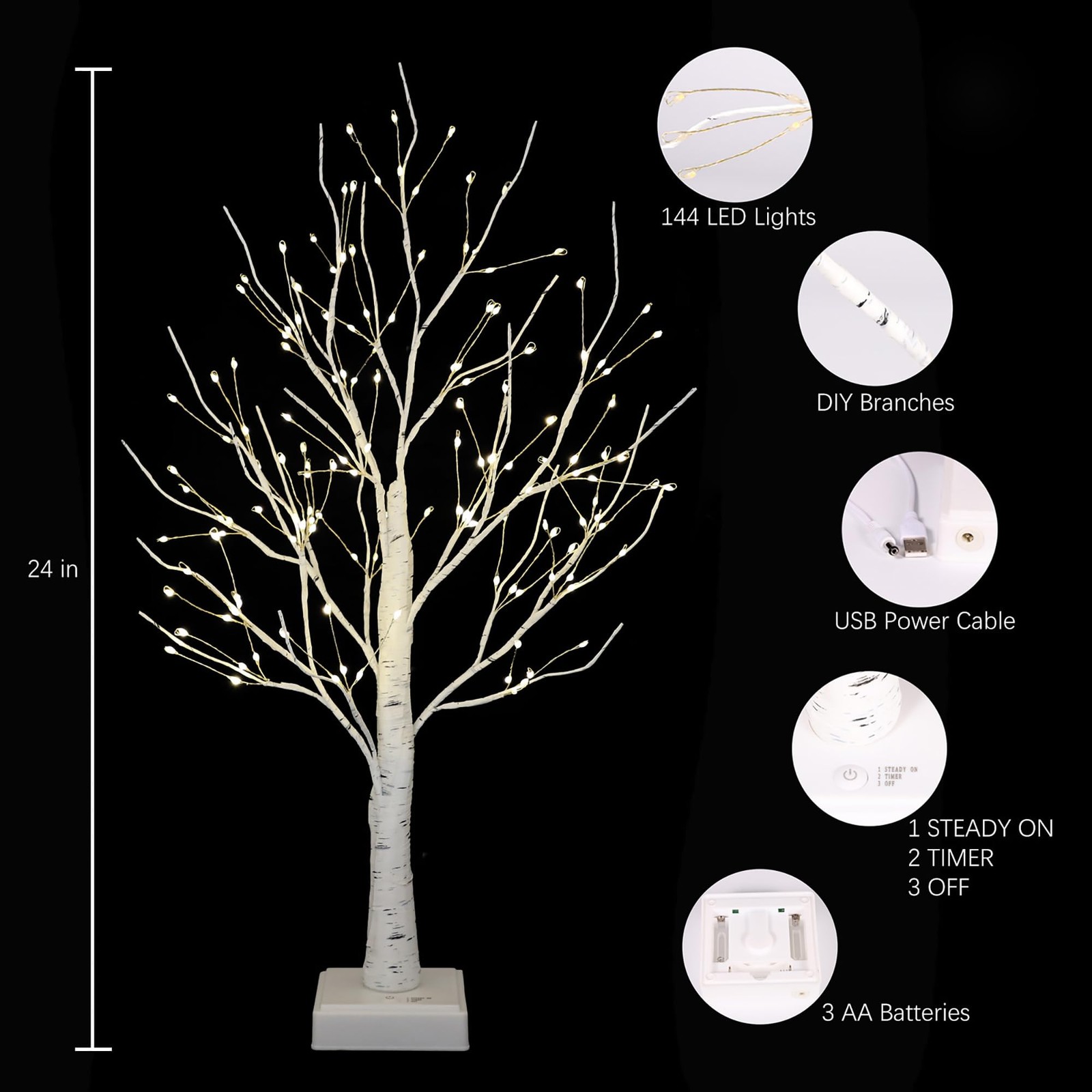 Small Lighted Birch Tree 2FT 144 LED Warm White Tabletop Lamp Timer Room Decor