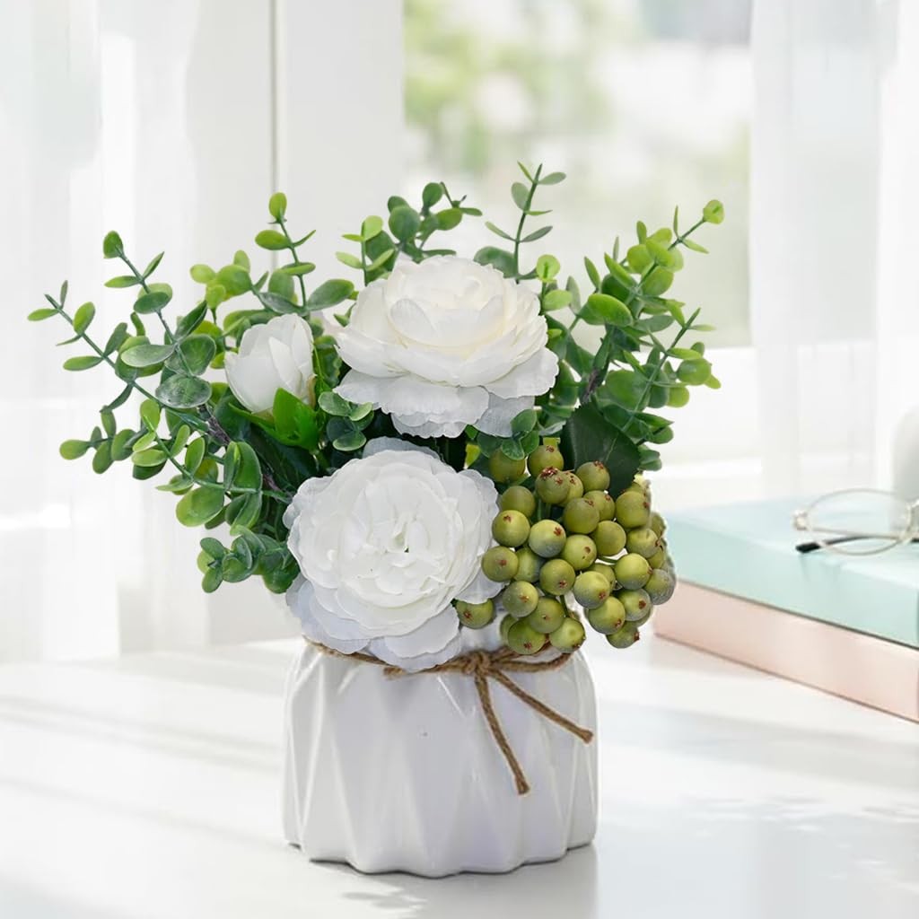 White Peony Artificial Flowers Vase Eucalyptus Green Berries Arrangement