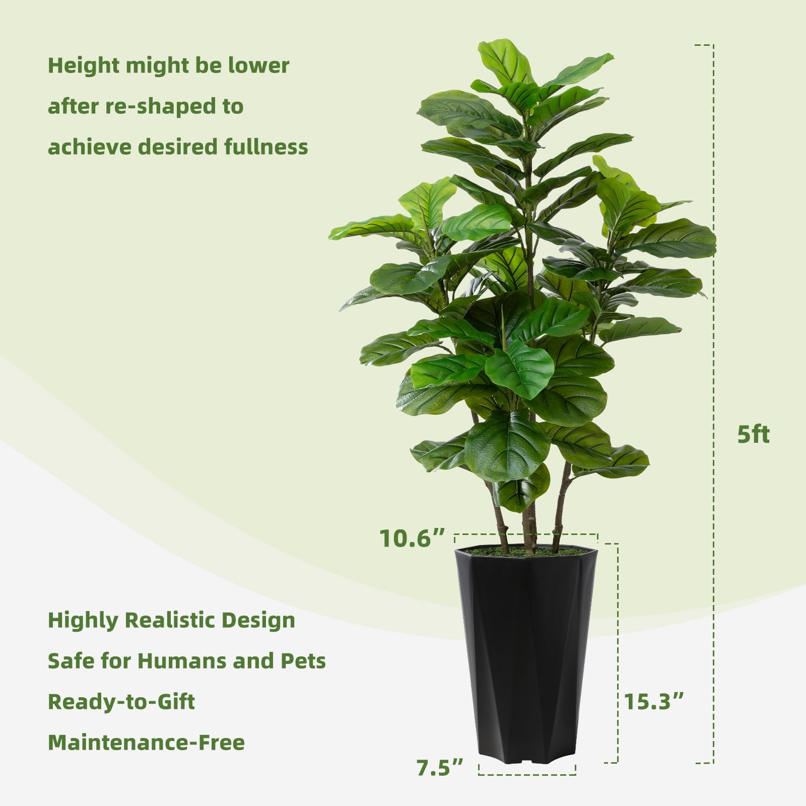 Artificial Fiddle Leaf Fig Tree 5FT – Faux Fig Tree with Black Diamond Plante…