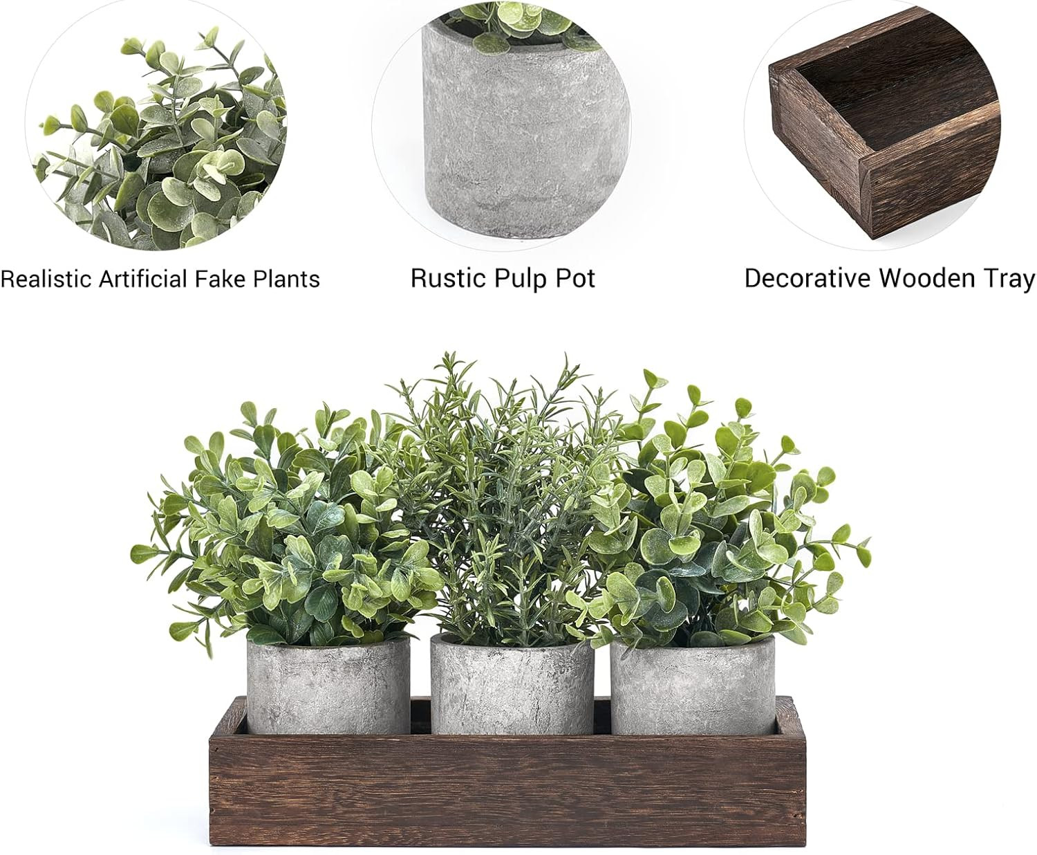 3 Pack Mini Potted Artificial Eucalyptus Fake Plants with Wood Tray Centerpiece