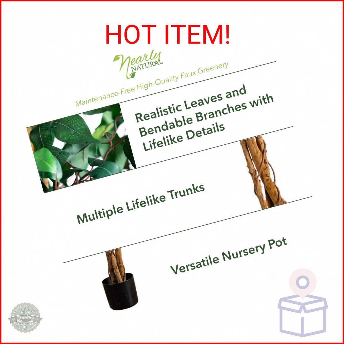 Nearly Natural 4ft Triple Trunk Ficus Silk Tree with Natural Wood Trunks and Den