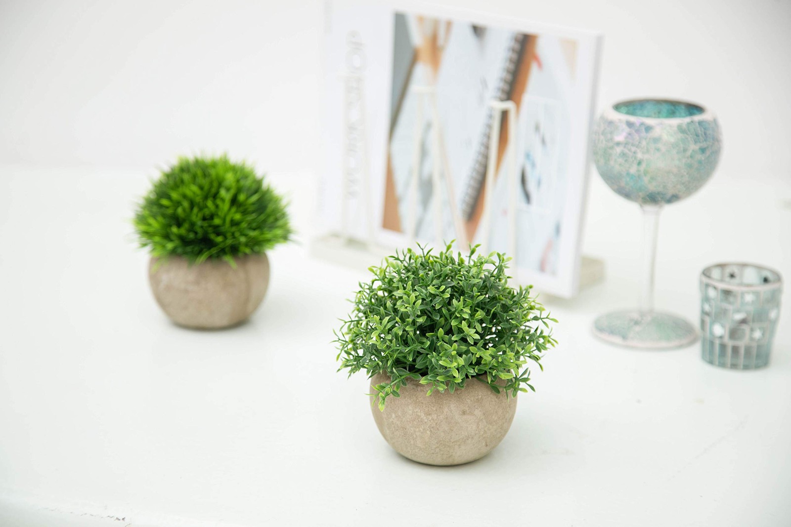 2Pcs Mini Artificial Boxwood Topiary Faux Plants Indoor- Small Fake Plants De…