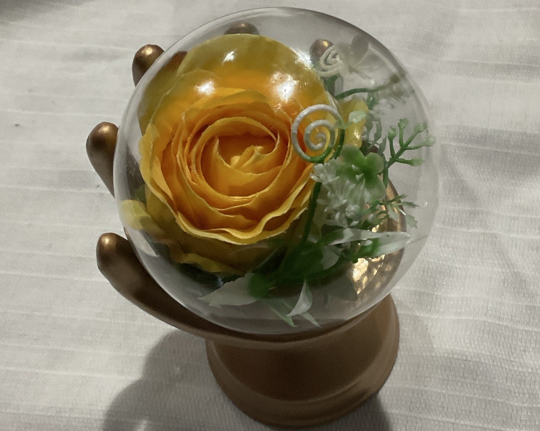 Artificial Yellow Rose Flower Arrangement in Glass Globe with Gold Hand Stand