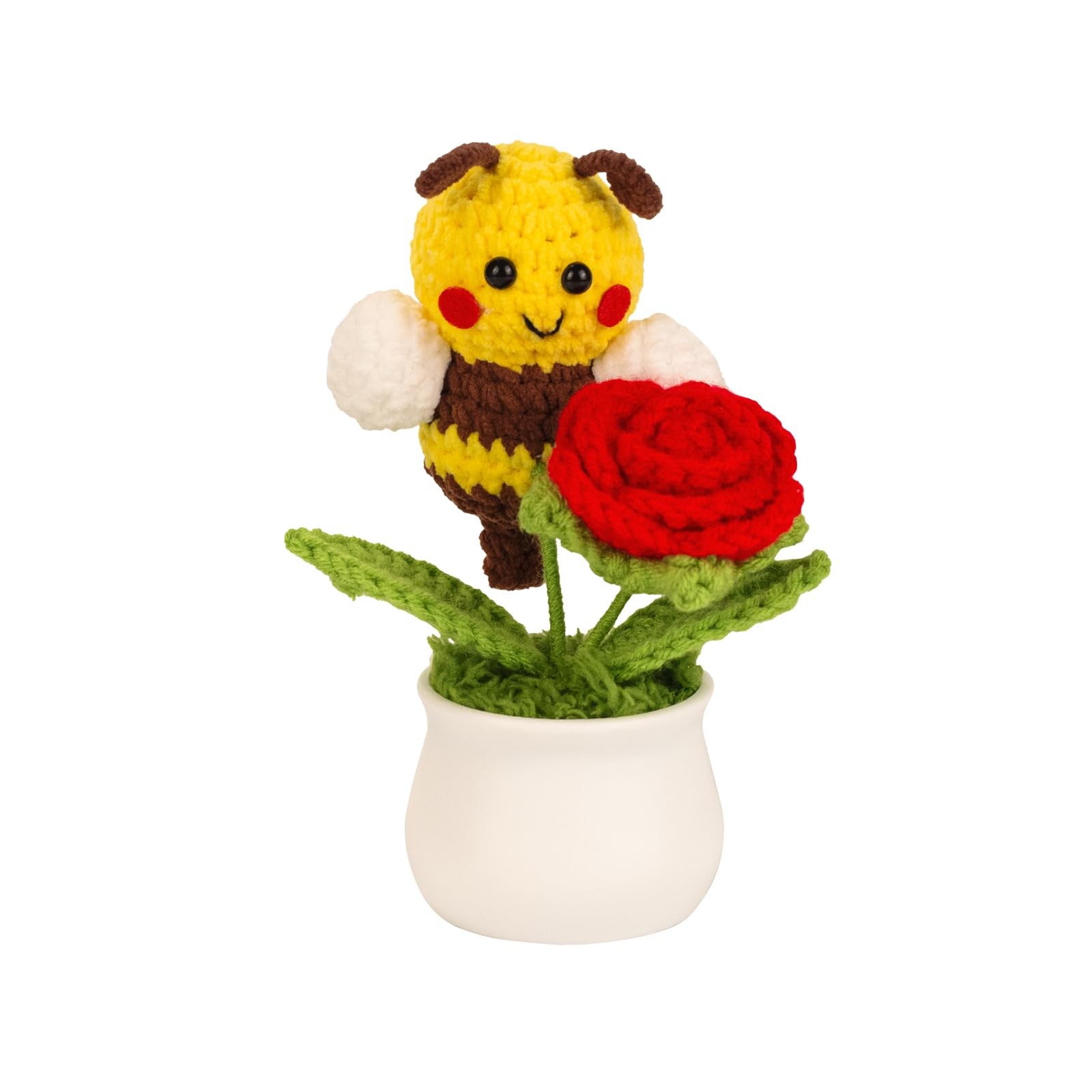 Cute Red Bee Knitted Crochet Flowers Desk Home Office Decor Table Ornament