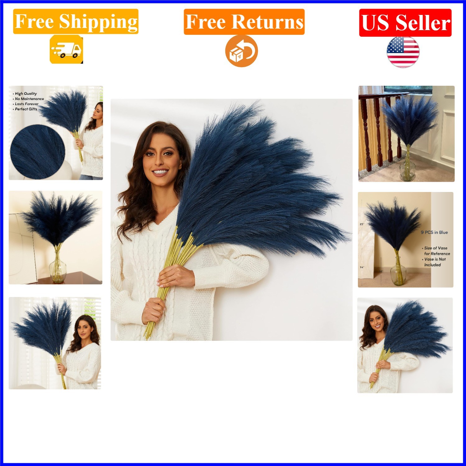 Blue Faux Pampas Grass 9 pcs, 37 in Fluffy Faux Floral for Home & Wedding Decor