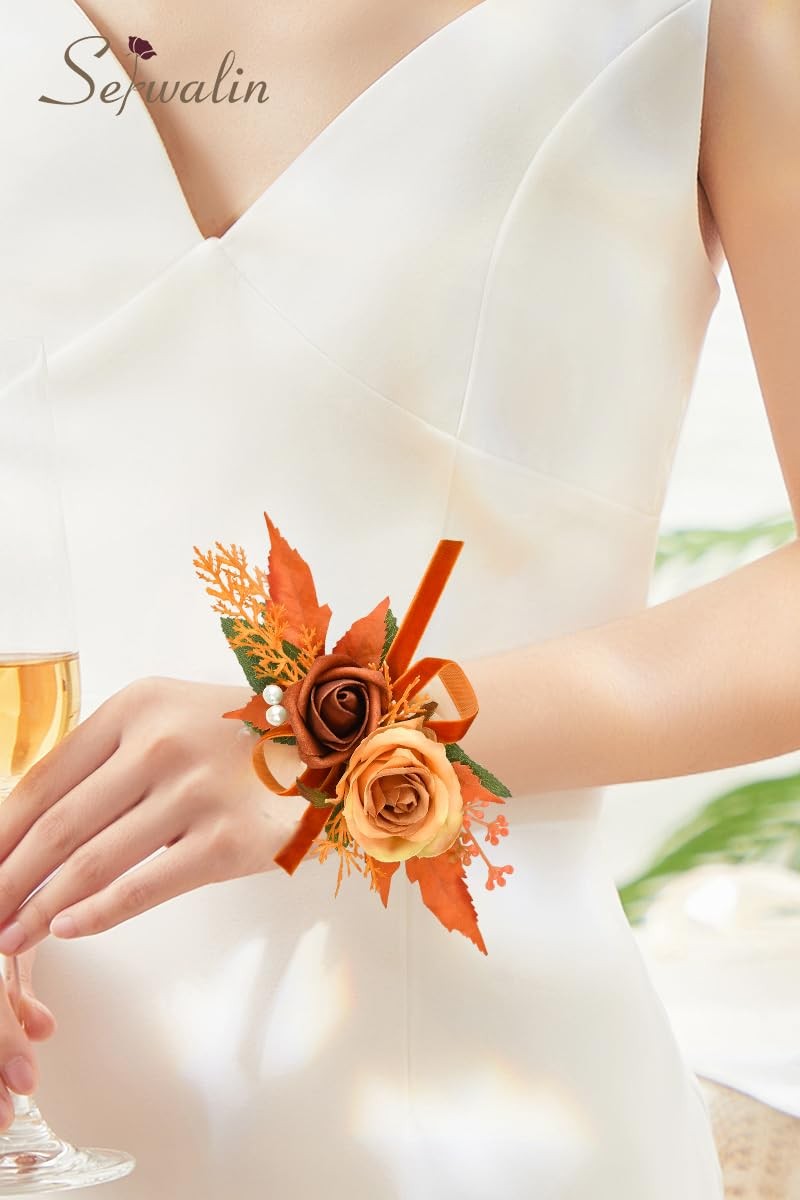 2 PCS Orange 6-7 Inch Wrist Corsage Boutonniere Set Wedding Prom Ceremony