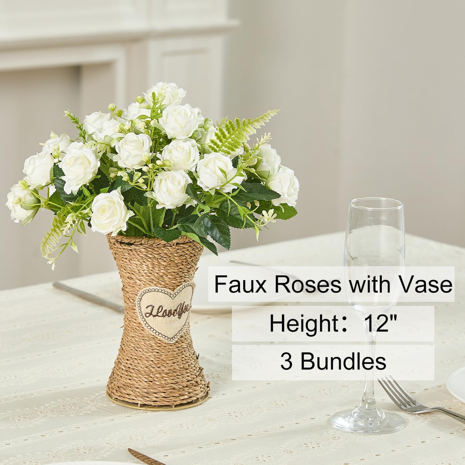 3 Bundles White Roses Artificial Flowers with Vase