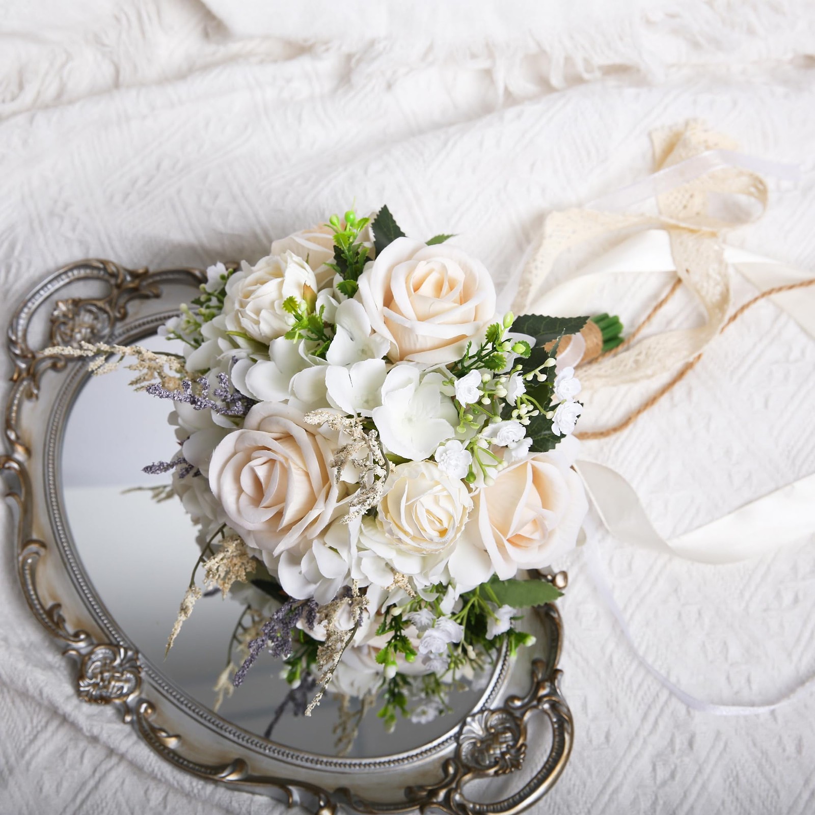 Wedding Bouquets for Bride Bridesmaid, White Champagne Artificial Roses Flowe…