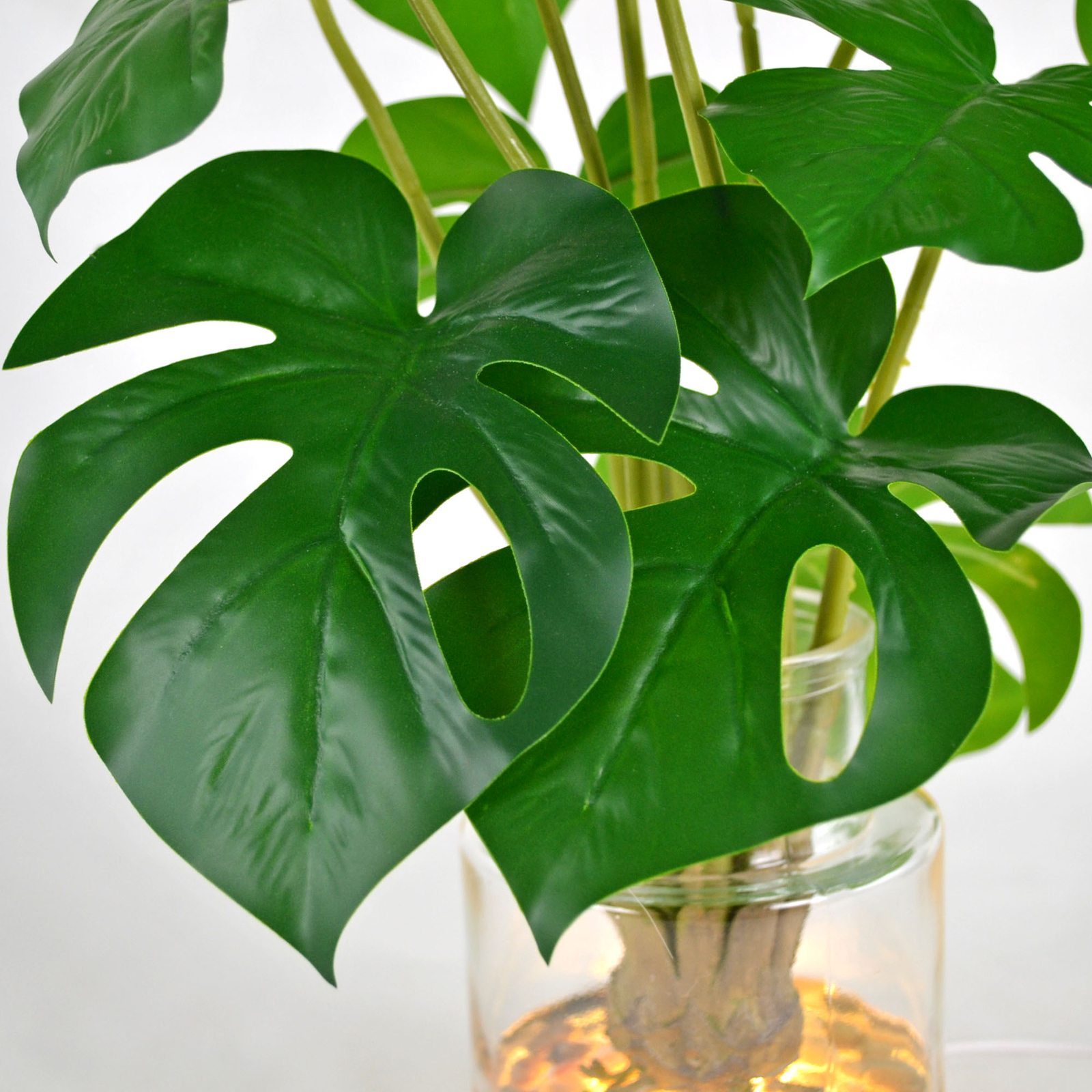 Real Touch 17.5 inch Artificial Plant Monstera Leaves in Glass Vase and LED Base