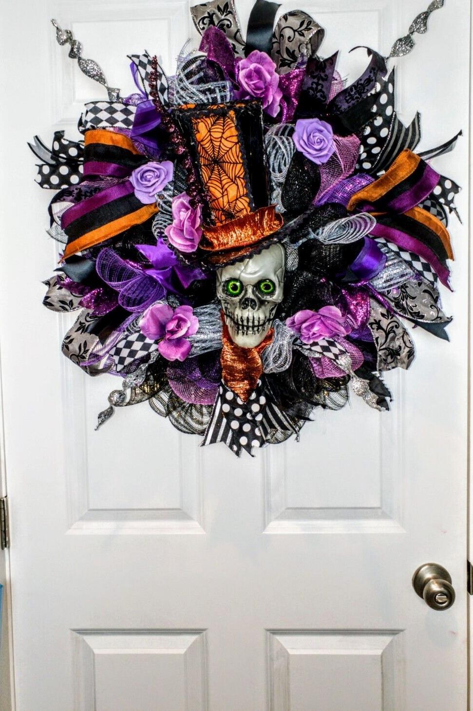 Halloween Wreath Decoration Large Deco Mesh Skull Top Hat Front Door Decoration