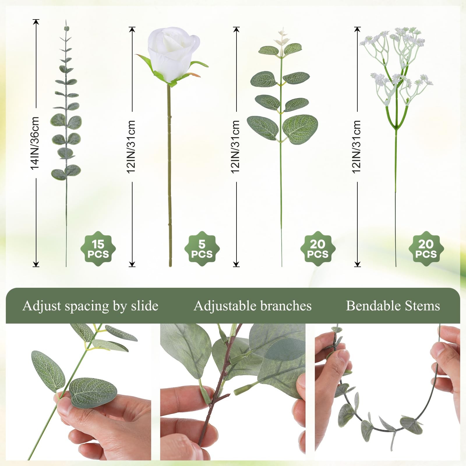 60 Pcs 4 Kinds Mixed Artificial Eucalyptus Stems, Rose Baby’s Breath Fake Flo…