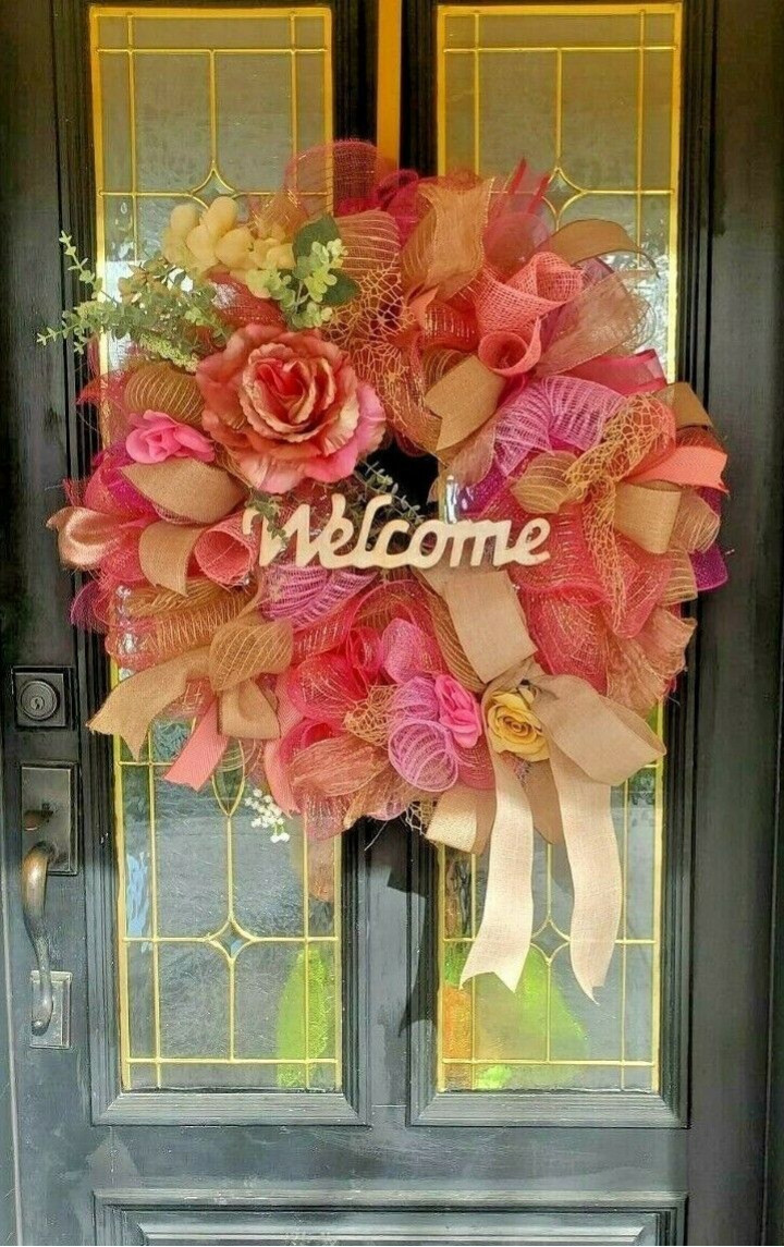 Large Spring Summer Burlap Deco Mesh Wreath Pink Rose Farmhouse Front Door Decor