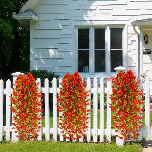 6 PCS Artificial Hanging Pansy Flowers, Silk Flowers for Outside, UV Red