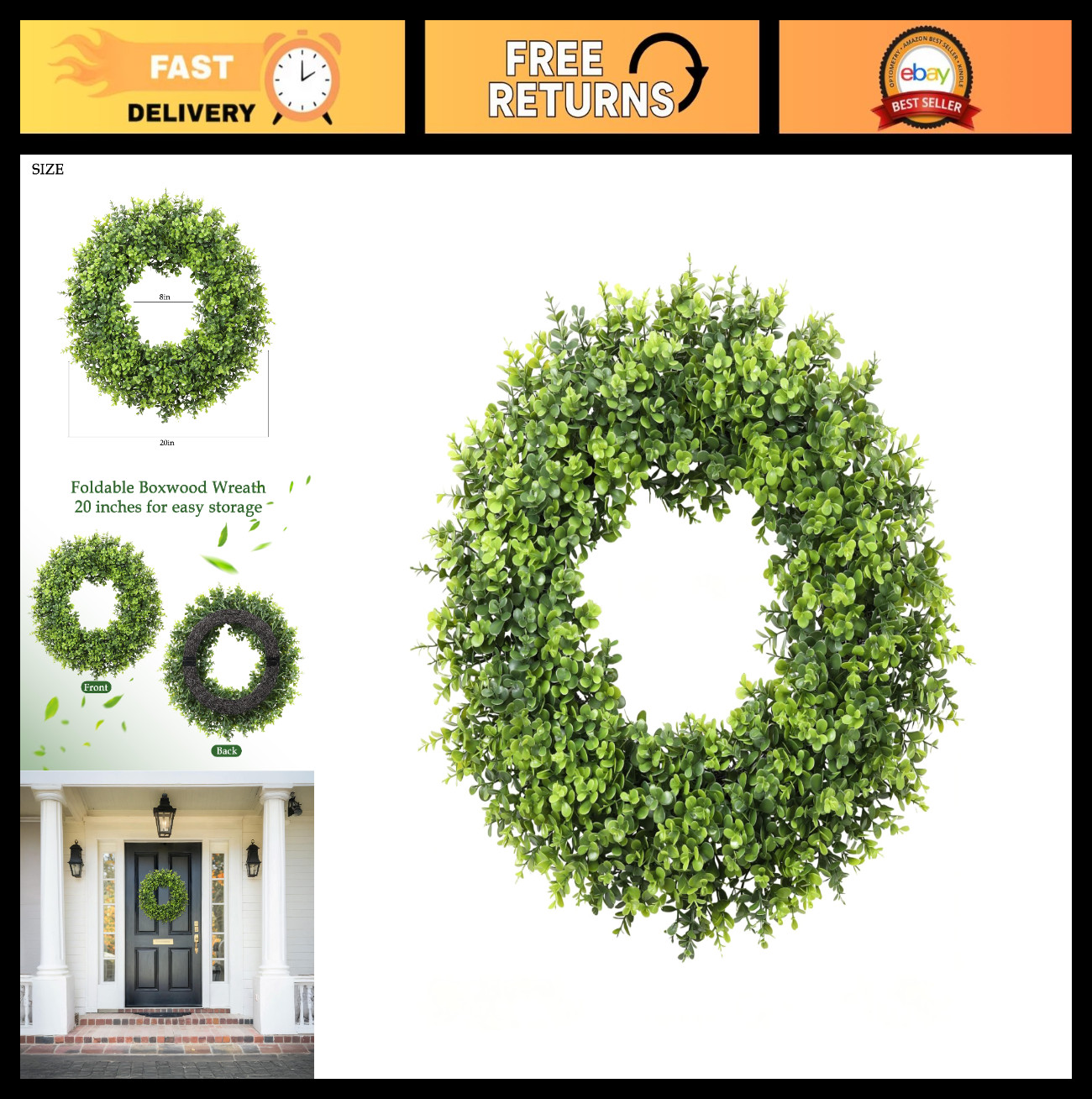 20″ Artificial Boxwood Wreath – All Season Green Decor for Door, Wall, Indoor/Ou