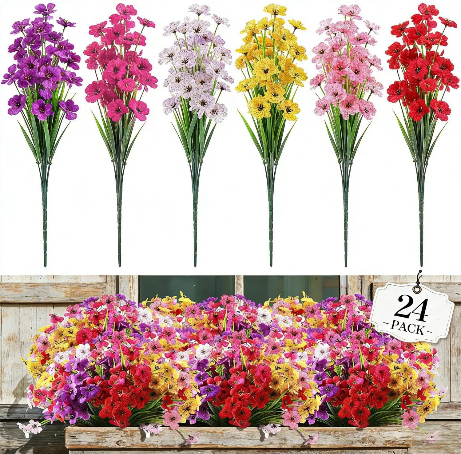 24 Bundles Artificial Flowers for Outdoor Indoor, Fake Flowers Plants UV Resi…