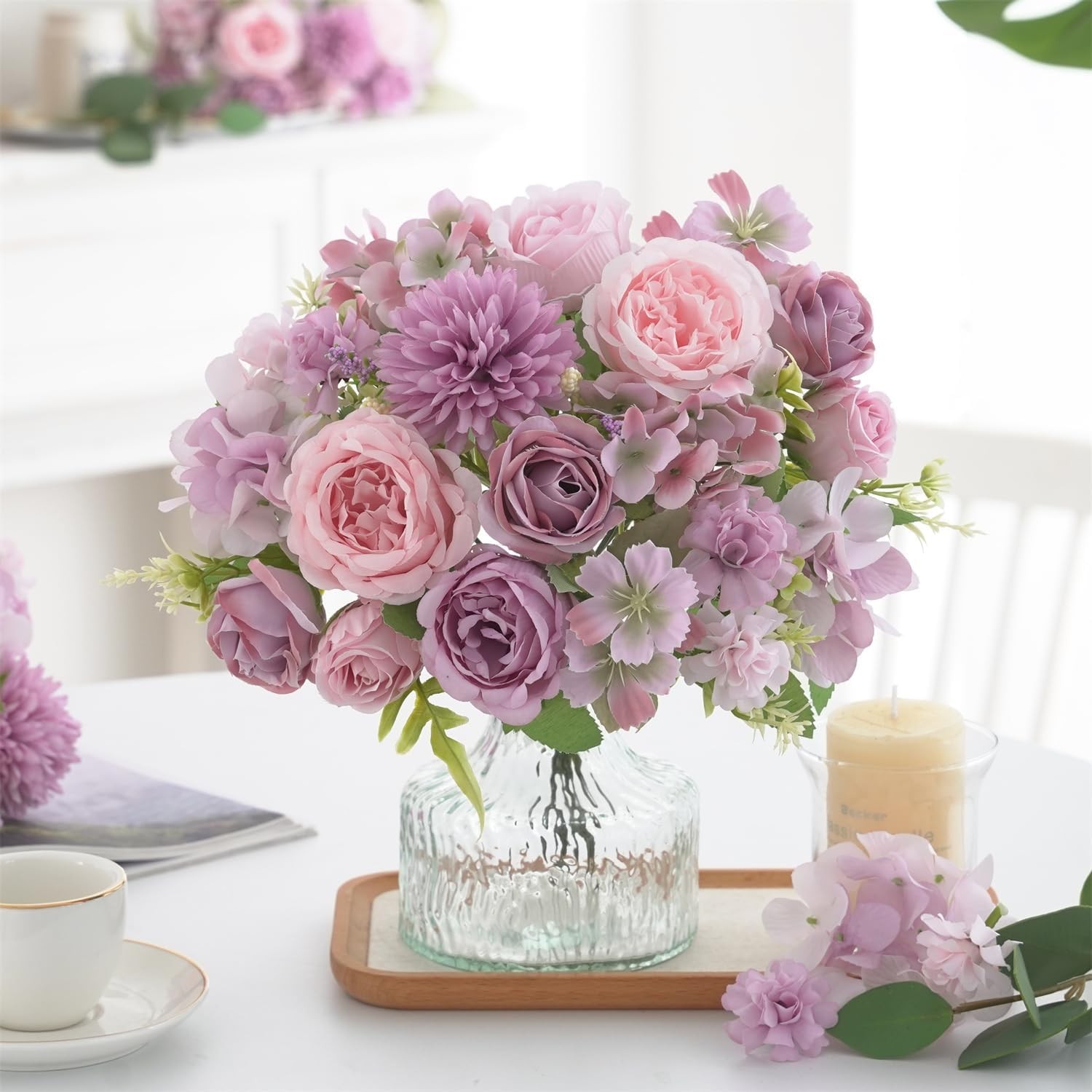 4 Pcs Mixed Artificial Peony Flowers Set-2 Bouquets & 2 Stems, Purple Fake Peony