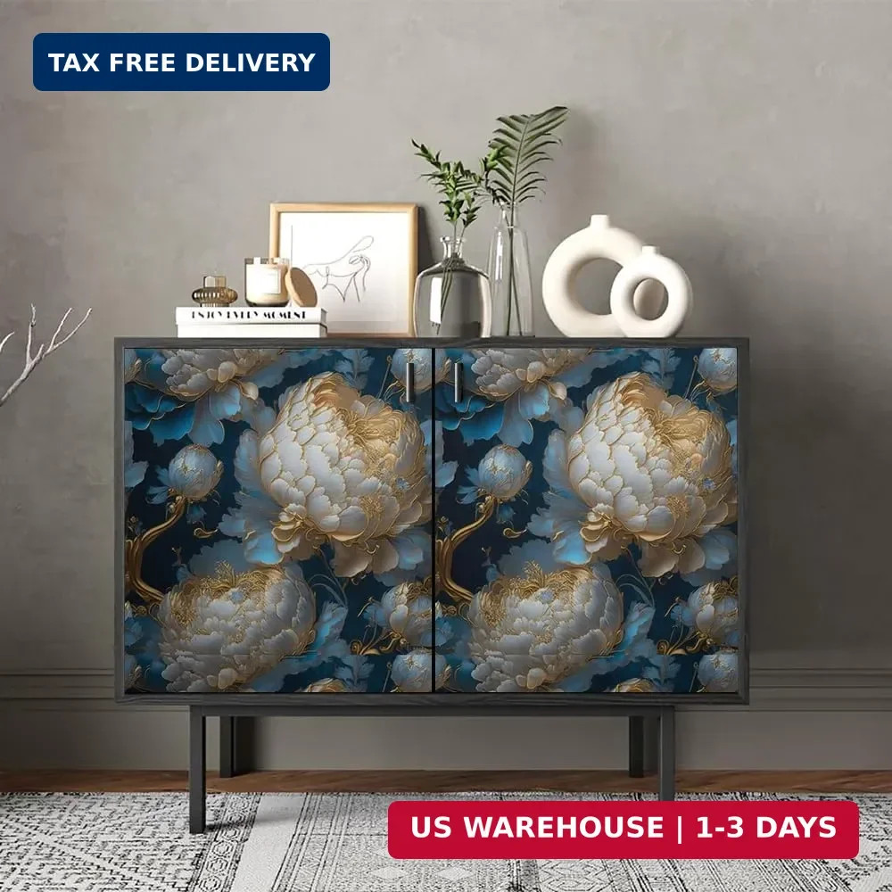 REDAMANCY Vintage Dark Navy Blue Gold White Peony Large Floral Peel and Stick Wa