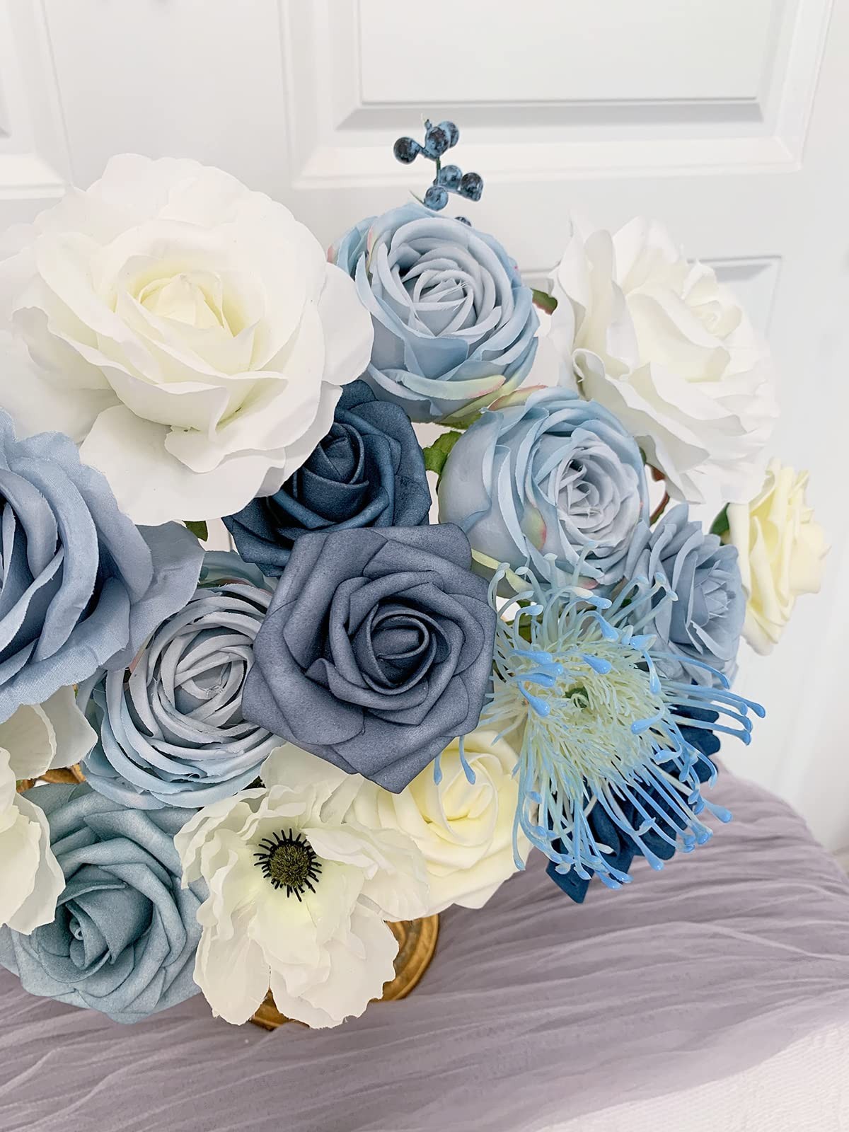 Roses Artificial Flowers Blue Bouquet Box Set Fake Flower for DIY Bridal Wedd…