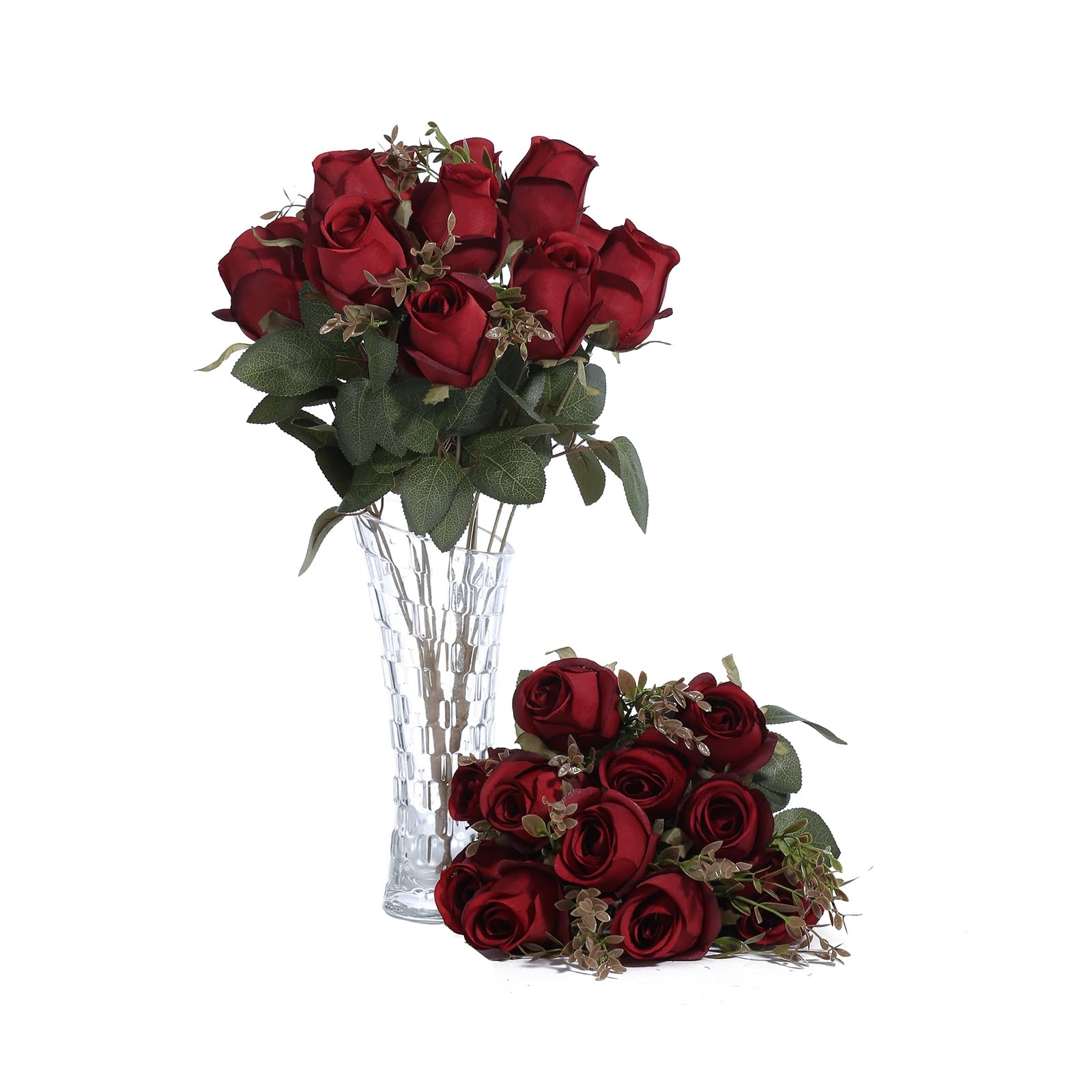 2 PCS FlueHouzz Artificial Roses Fake Silk Bouquet 12 Heads Realistic Burgundy