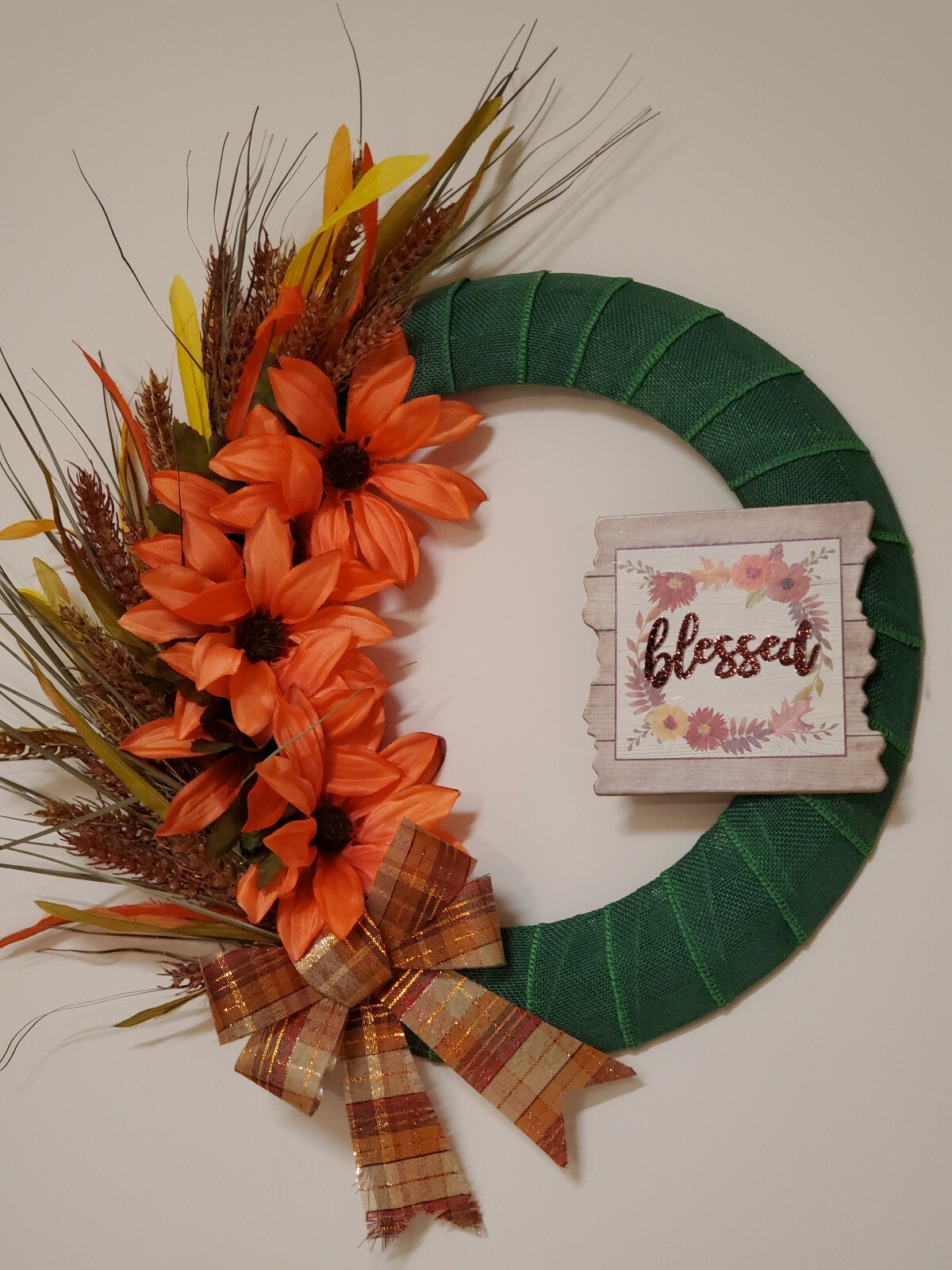 BLESSED wreath Asters Wheat orange Green burlap mesh FALL AUTUMN Decor Door 15″