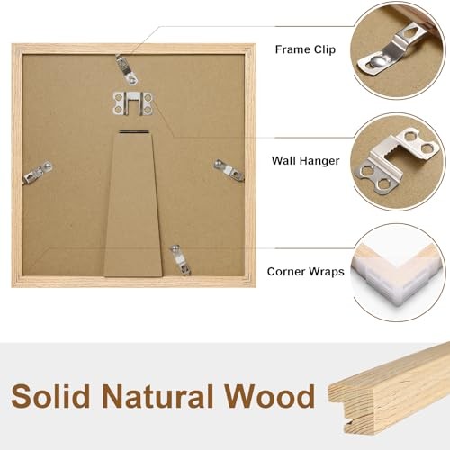Picture Frame, Solid Wood Frame with Plexiglass, Includes 4×4 Mat, 8×8 Natural