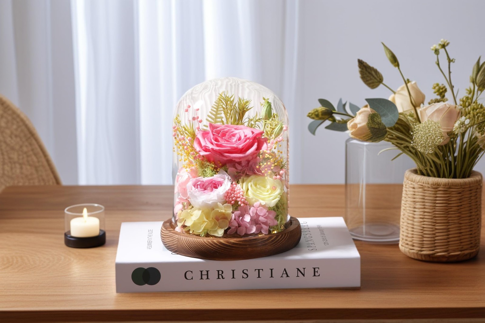 Preserved Pink Roses in Glass Dome with LED Light – Long Lasting Forever Flowers