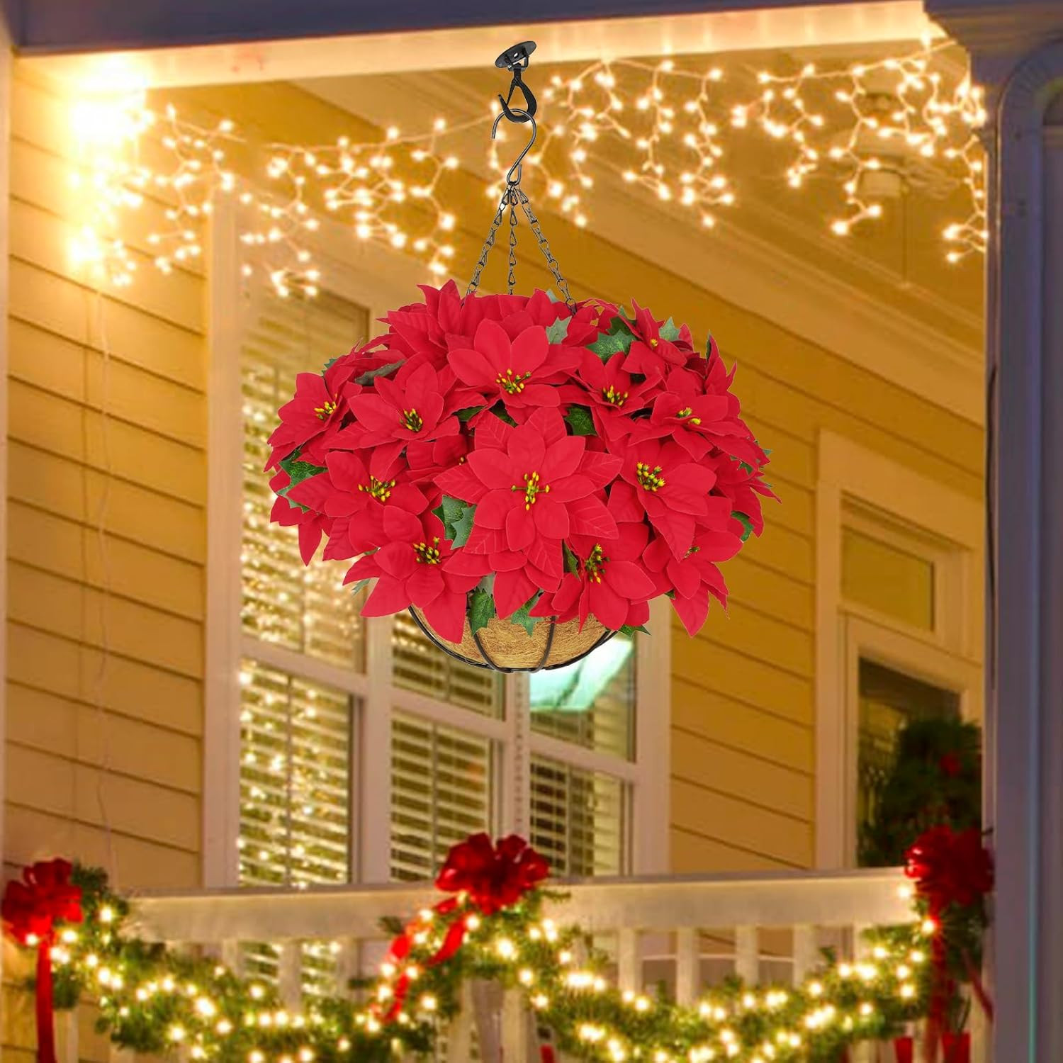 Hanging Red Poinsettias with Basket – UV Resistant Xmas Decor for Outdoors