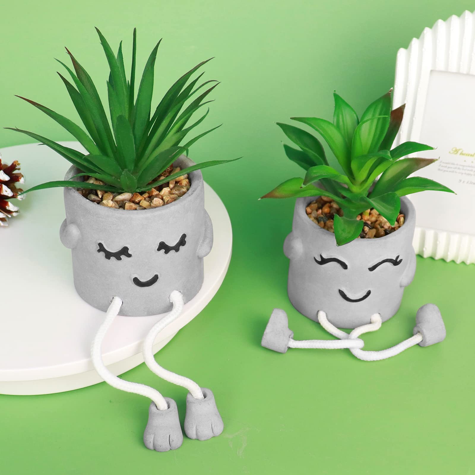 Faux Succulents In Cement Pots With Hanging Leg Potted Mini Fake Plants For Desk
