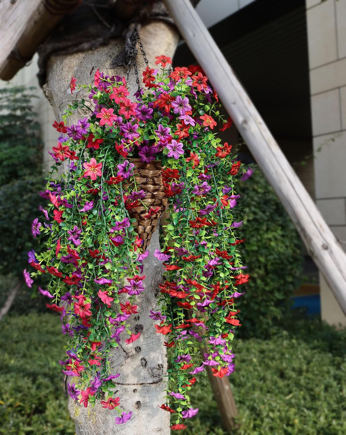 Artificial Hanging Flowers for Outdoors, 4 Pack Fake Hanging Plant for Spring Su
