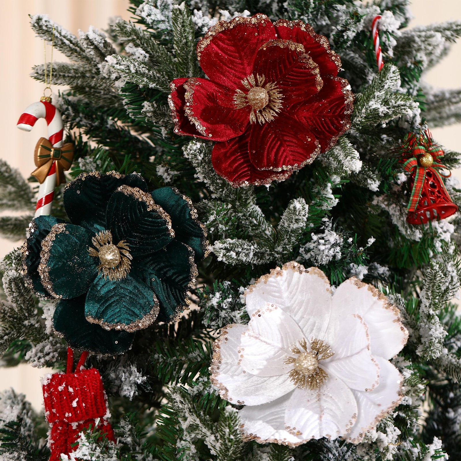 6 PCS Blackish Green 8.3 In Glitter Artificial Magnolia Christmas Flowers Set