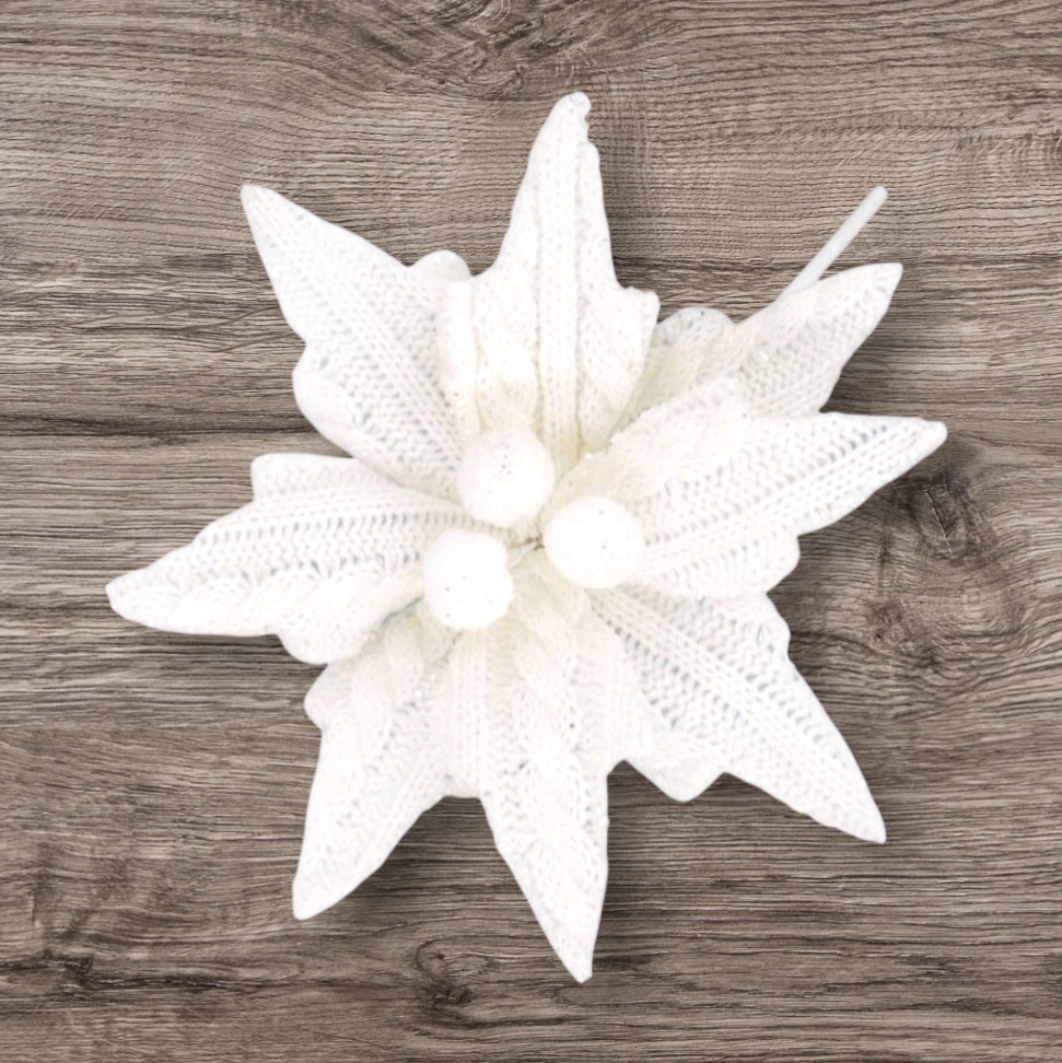 4-1/2″ Knit White Pointsettia Floral Pick Decor Accent