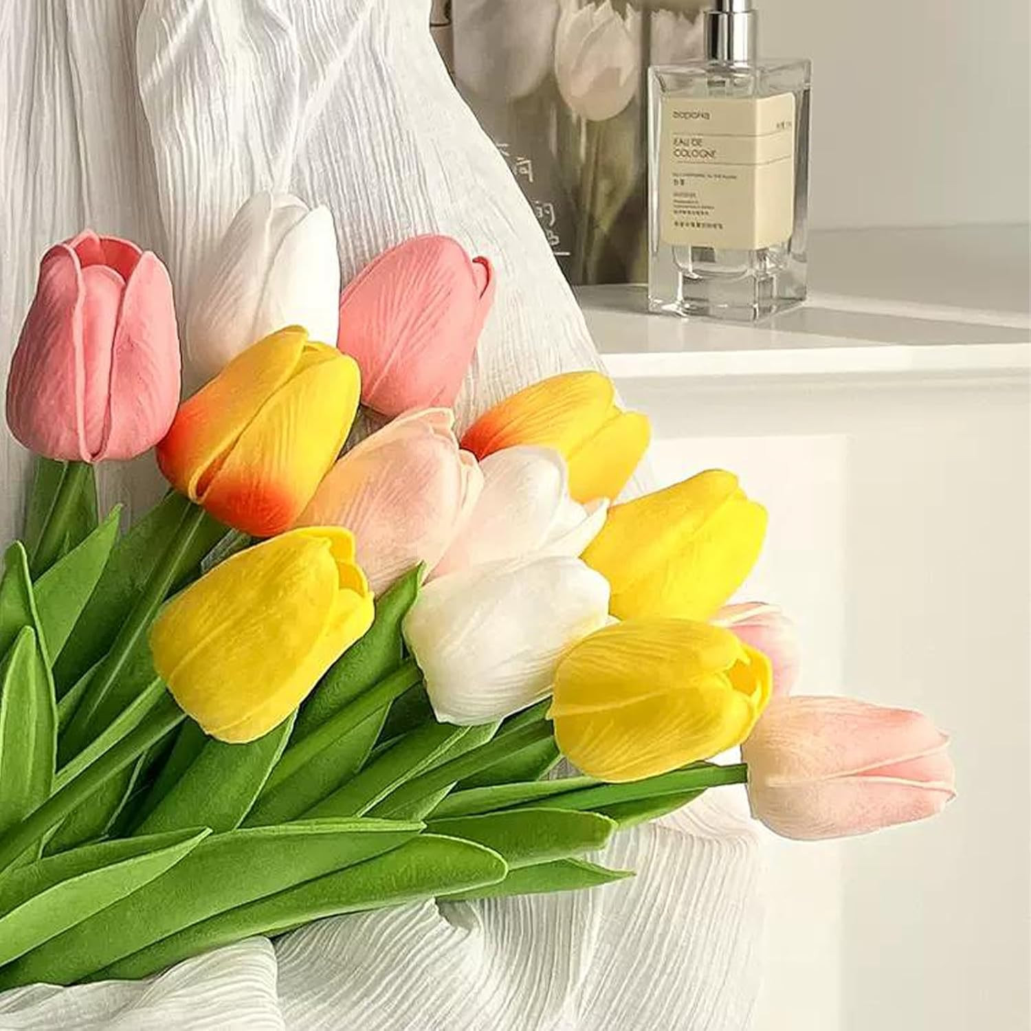 15PCS Artificial Tulips Flowers,Real Touch 14″ Silk Fake Tulips,Bulk Fake Flower