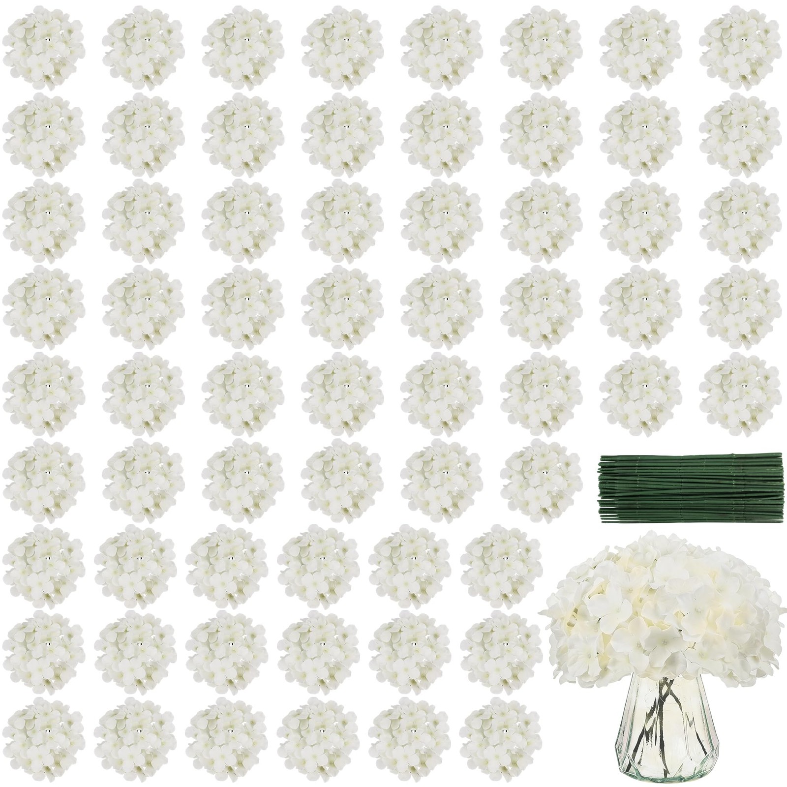 DIYPOP 40 PCS Ivory Silk Hydrangea Flowers, Detachable Heads + 8-Inch Wired S…