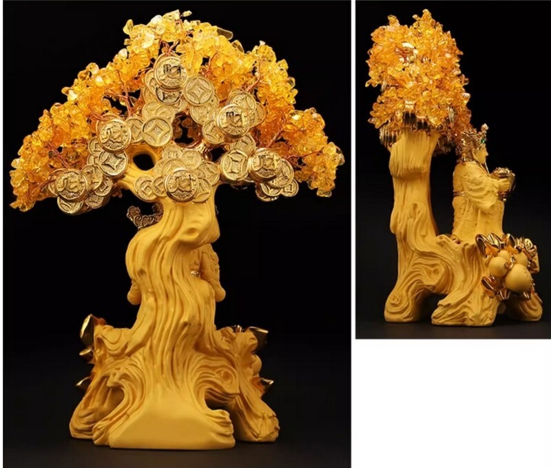 Yellow Crystal Money Tree Bonsai Statue Chinese Feng Shui Wealth God Decor Gift