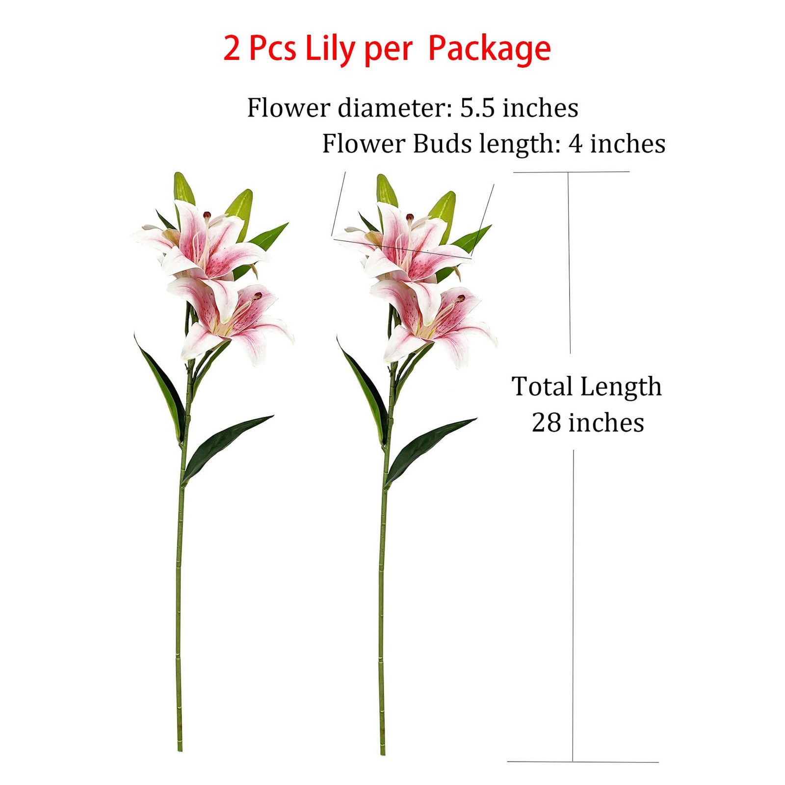 Yalzone 2 Pcs 28 inch Pink Artificial Lily Flowers Fake Real Touch Lily 3 Hea…