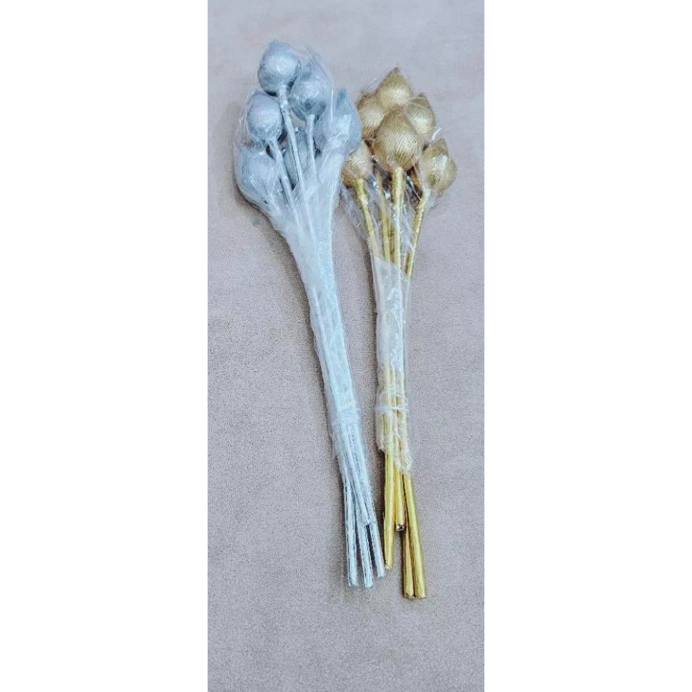 Pair Gold Silver Lotus Flower Thai Buddha Decor Plastic Artificial Floral Art