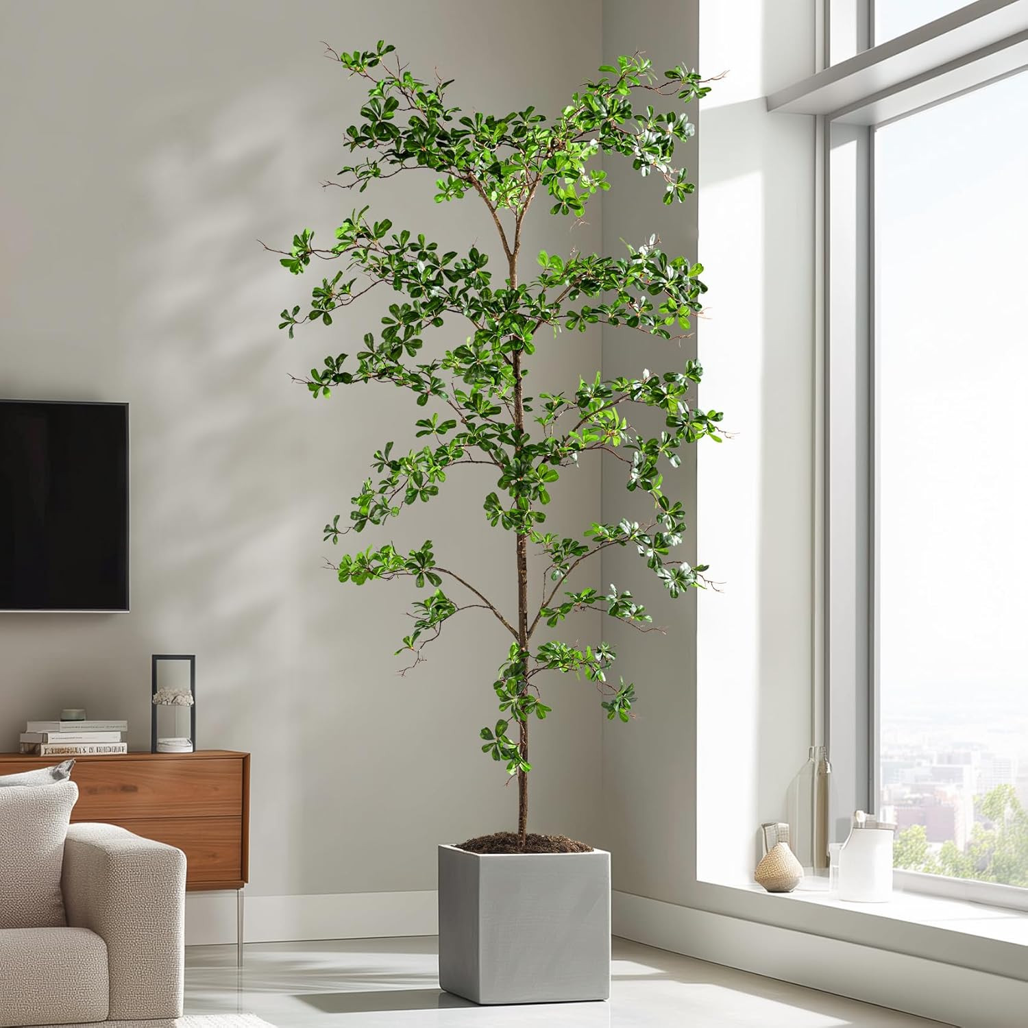 8Ft Faux Black Olive Tree – Realistic Indoor Decor with Natural Wood Trunk
