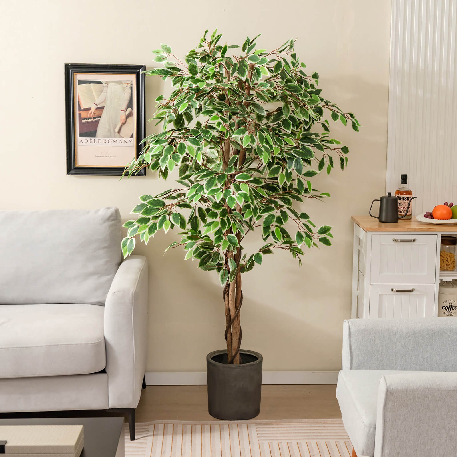 63″ Tall Artificial Ficus Tree Solid Wood Trunks 3 PE Vines PP Nursery Pot