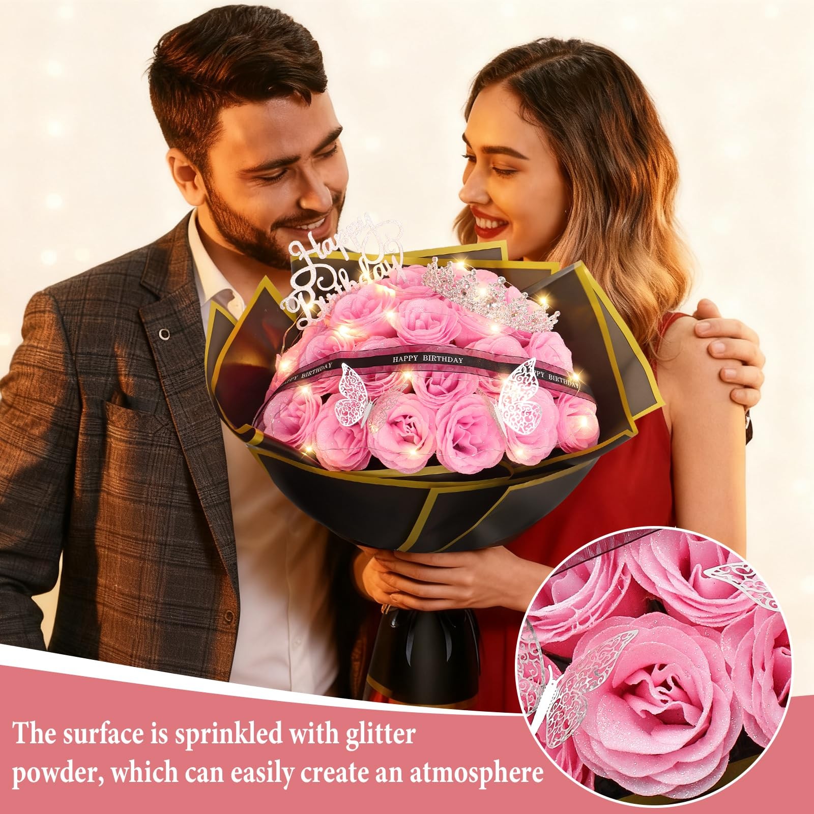 Glitter Roses Bouquet 24 Pink DIY Gift for Women Mom – Birthday Decor