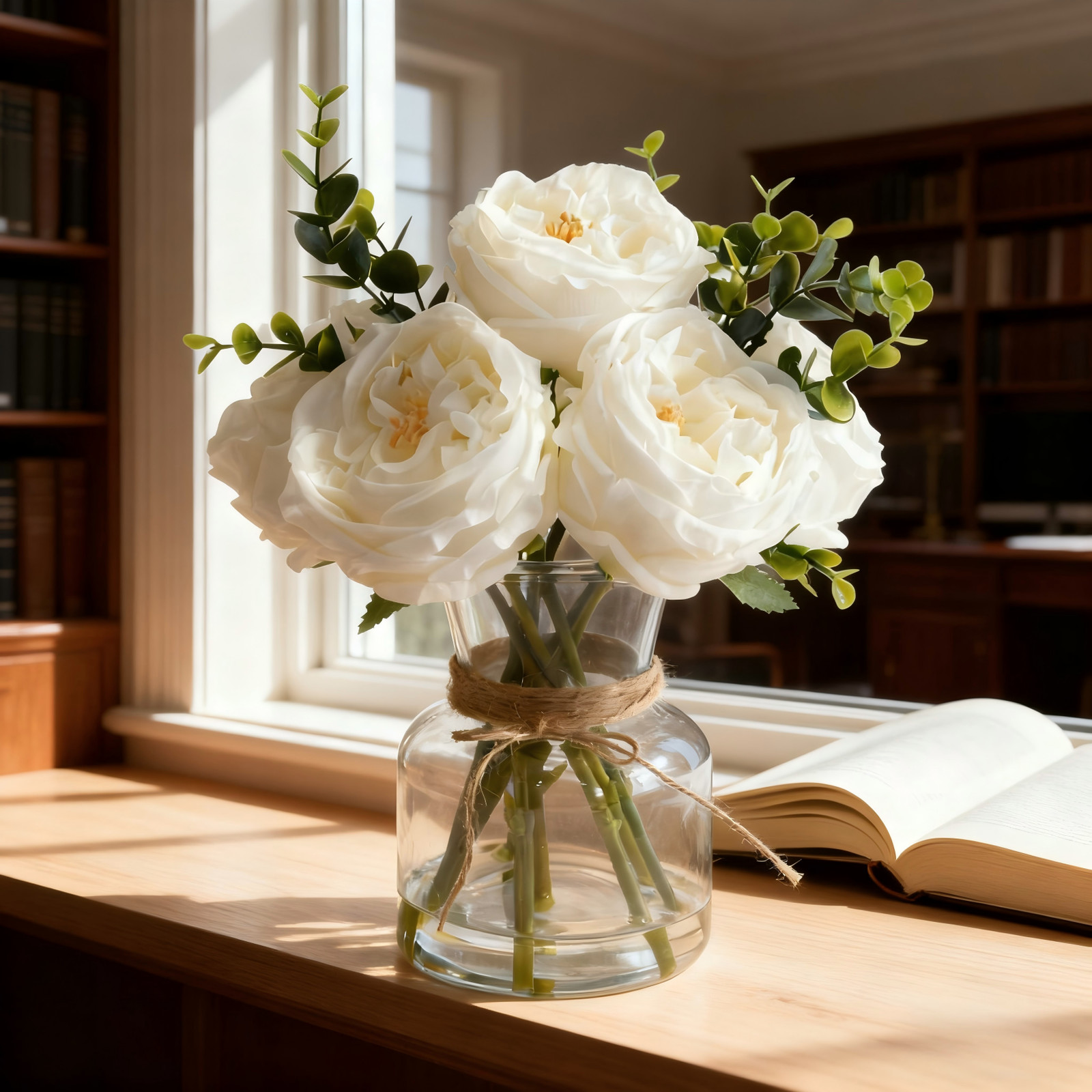 Elegant White Artificial Roses in Vase w/ Faux Water Lifelike Flower for Wedding