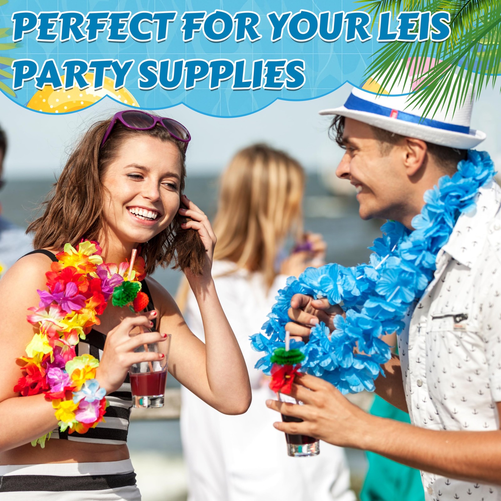 50 Hawaiian Luau Leis Bulk, Colorful Tropical Silk Flower Necklace, Hawaii Th…