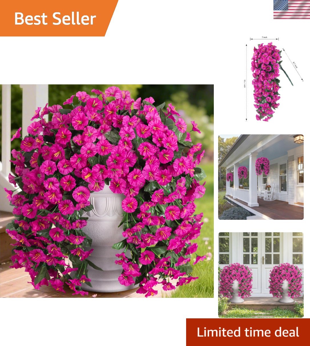 2PCS Stunning Faux Silk Fuchsia Morning Glory Hanging Vines for Indoor/Outdoor