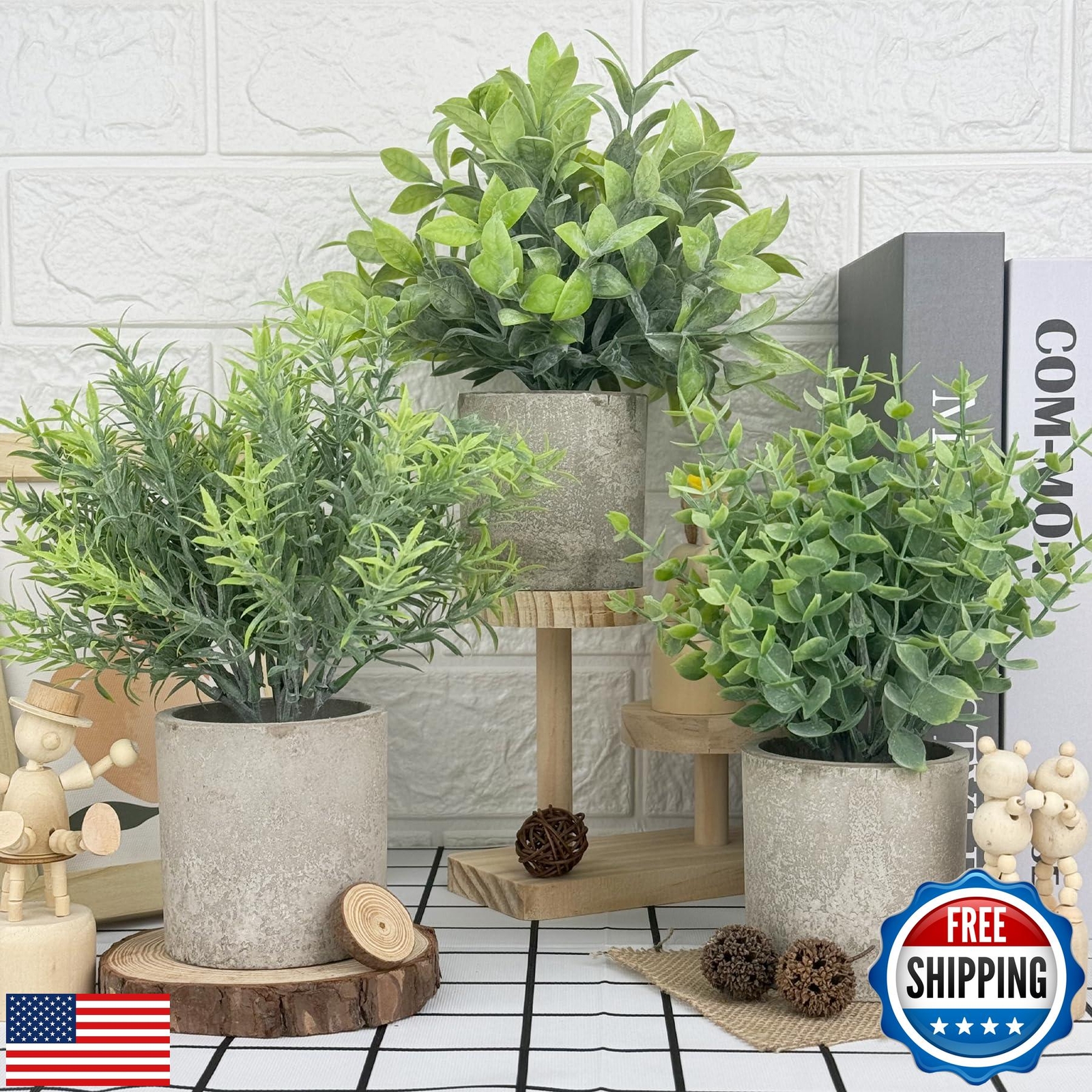 DCECDWD 3 Pack Artificial Potted Fake Plants Eucalyptus 9” Artificial Mini Pa