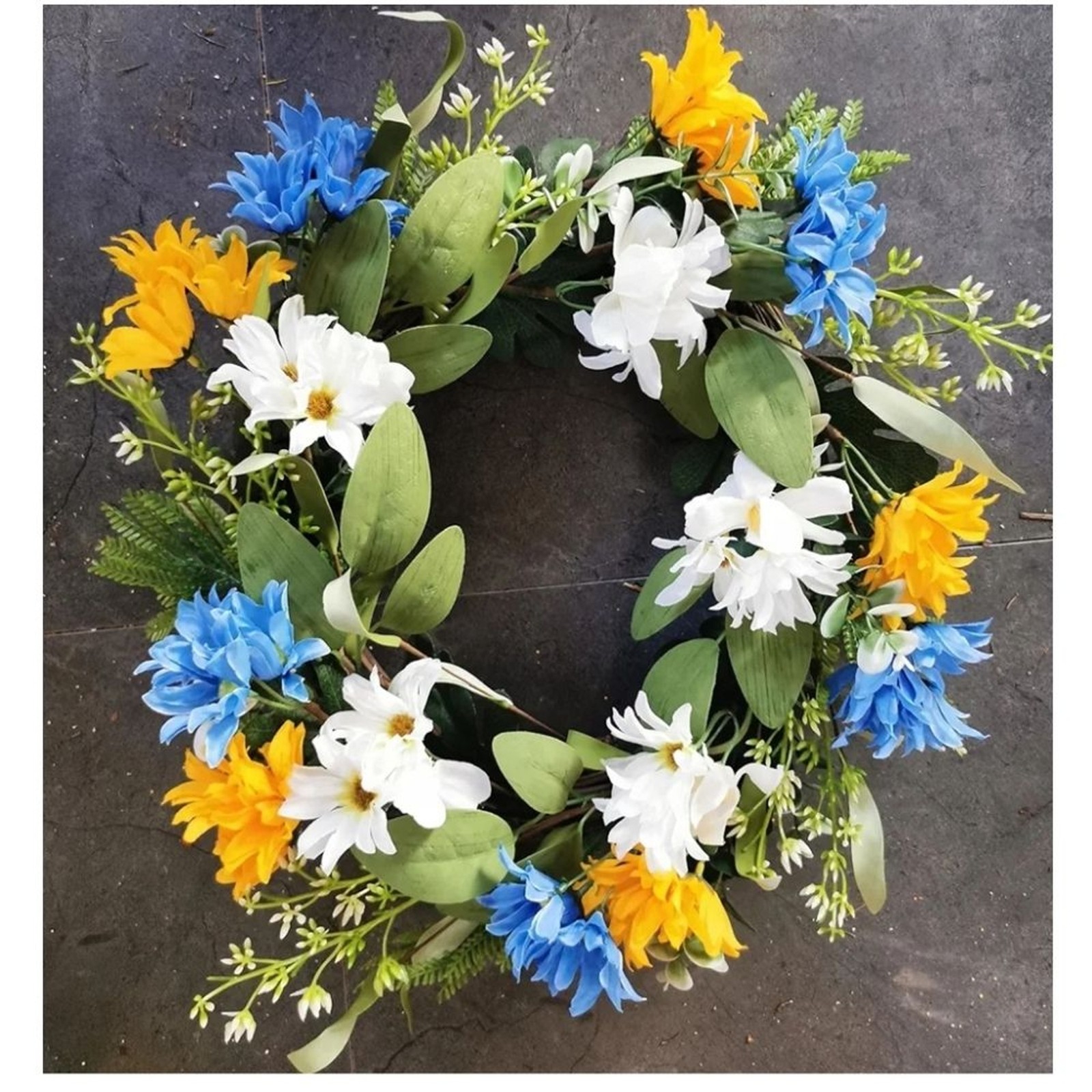 Summer Wreath 20inch Floral Door Wreath with Blue, Yellow, and White Flowers