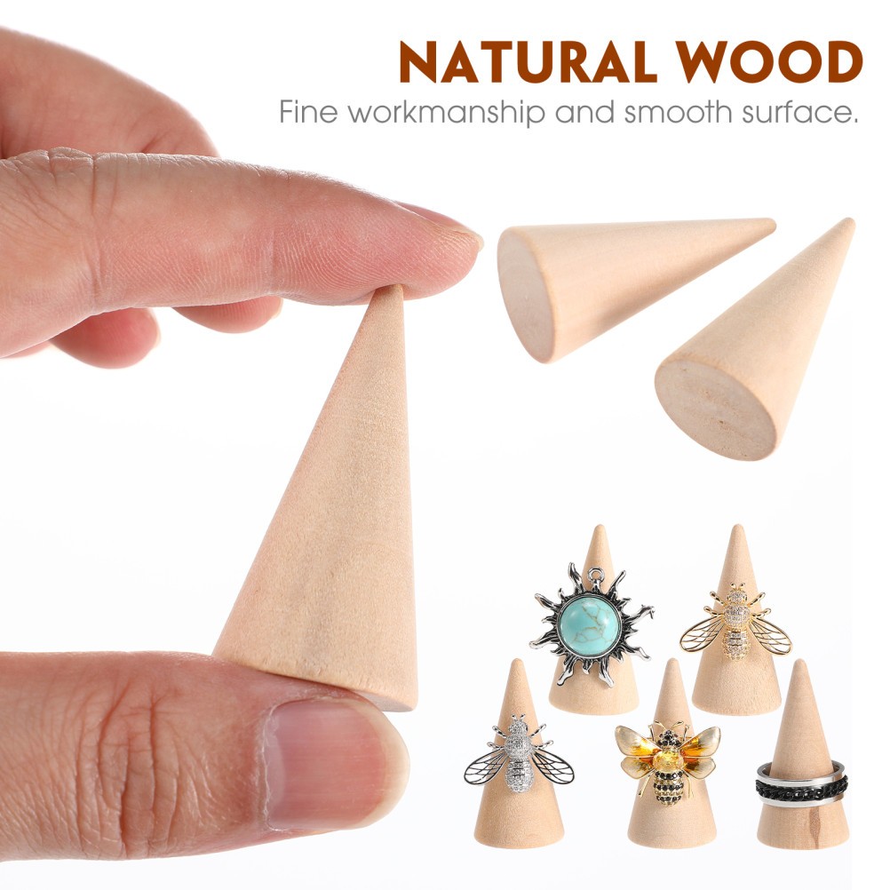 10Pcs DIY Craft Cones Wooden Beige Unpainted Ornament Ring Holder Stand