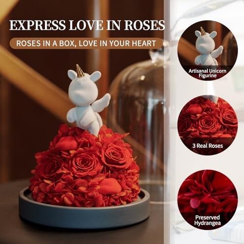 Preserved Rose with Unicorn in Glass Dome, Eternal Real Rose Red Lucky Unicorn