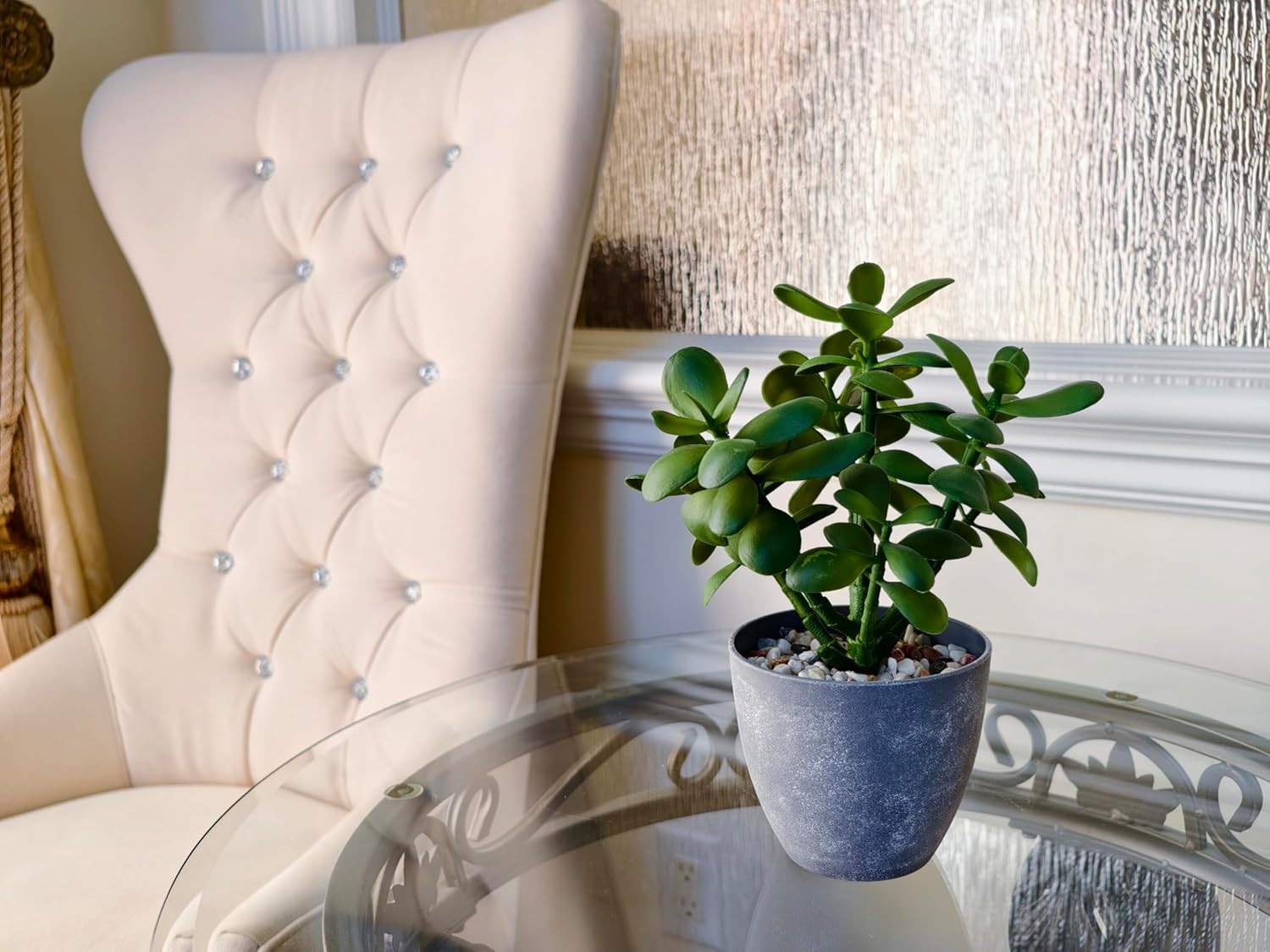 12” Artificial Jade Plant in Minimalist Gray Pot, Luxury Real-Touch Faux Succule