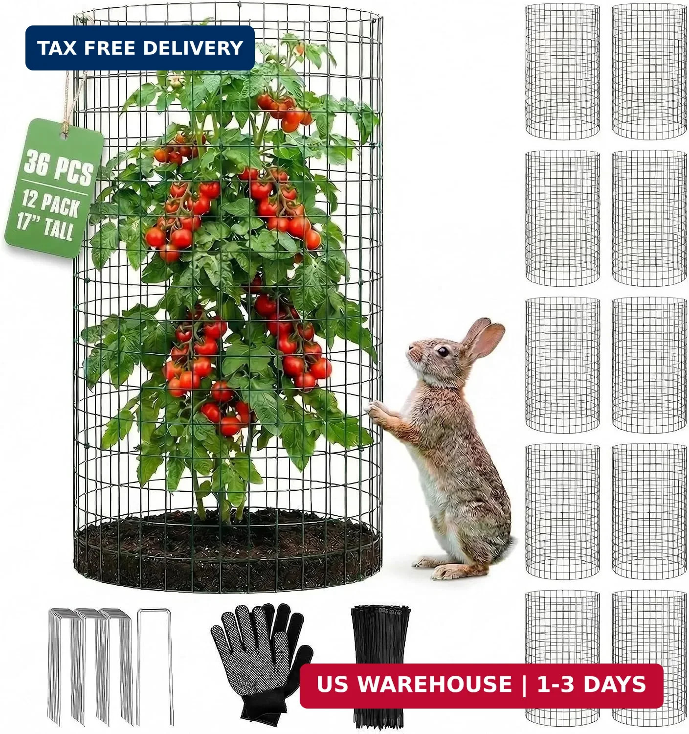 12 Pack 17″ x 12″ Tall Round Plant Cage – 36PCS Plant Support Cage Metal Wire Me